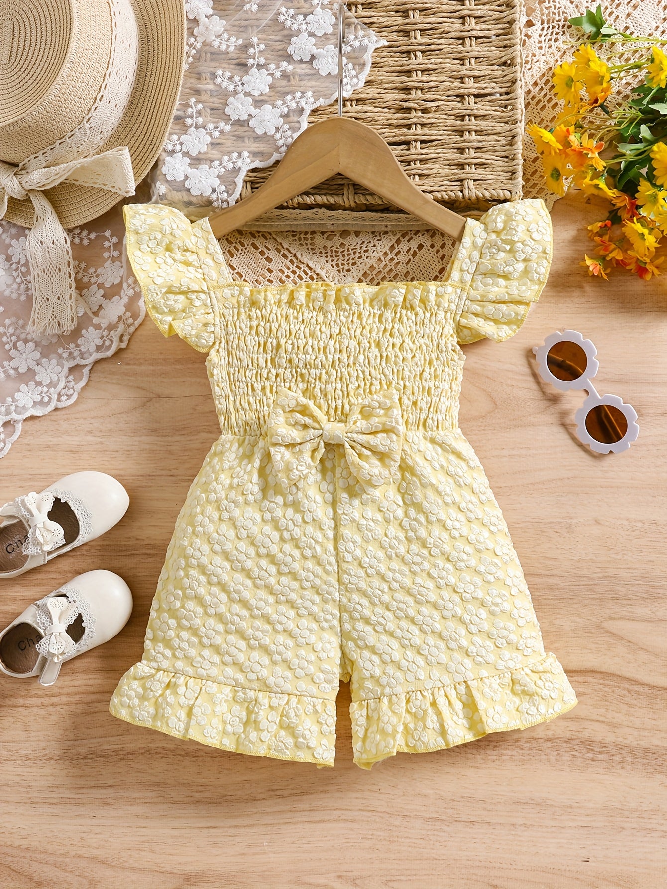 Summer Floral Print Girl'S Romper with Puff Sleeves & Bow Detail - Light Purple Ruffled Hem, Breathable Shorts for 0-3 Years, Cute Outfit for Warm Weather, Toddler Girl Outfit, Playful Little One'S Wear, Soft Texture Fabric, for Outdoor