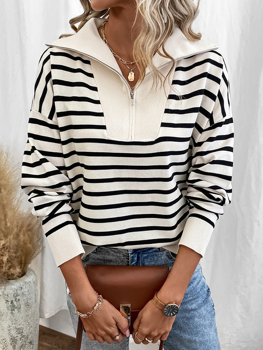 Long Sleeve Stripe Zip Up Collared Elegant Sweater for Fall & Winter, Women's Clothing, Drop Shoulder