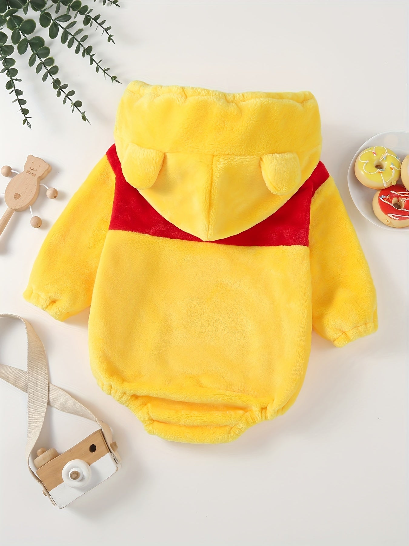 Baby's Cute Bear Character Themed Warm Fuzzy Hooded Long Sleeve Bodysuit, Toddler & Infant Girl's Onesie For Spring & Fall Outdoors