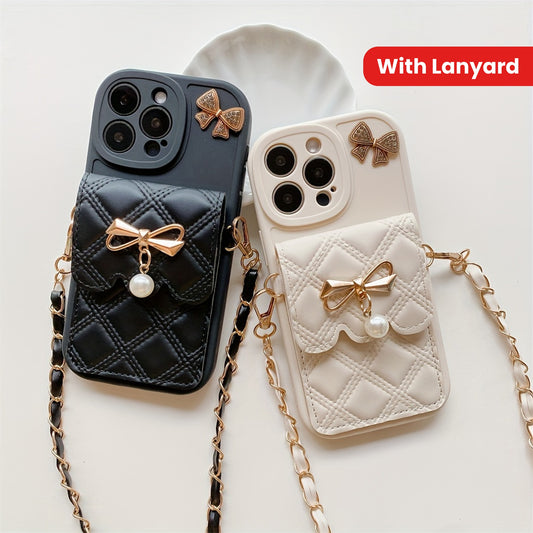 Diamond Grid Bow Card Phone Case Suitable for iPhone 15Promax/14plus with Lanyard Can Be Carried Obliquely 12pro/13promax Full Cover 12Mini/13Mini Soft Case 11 Protective Case Coin Purse