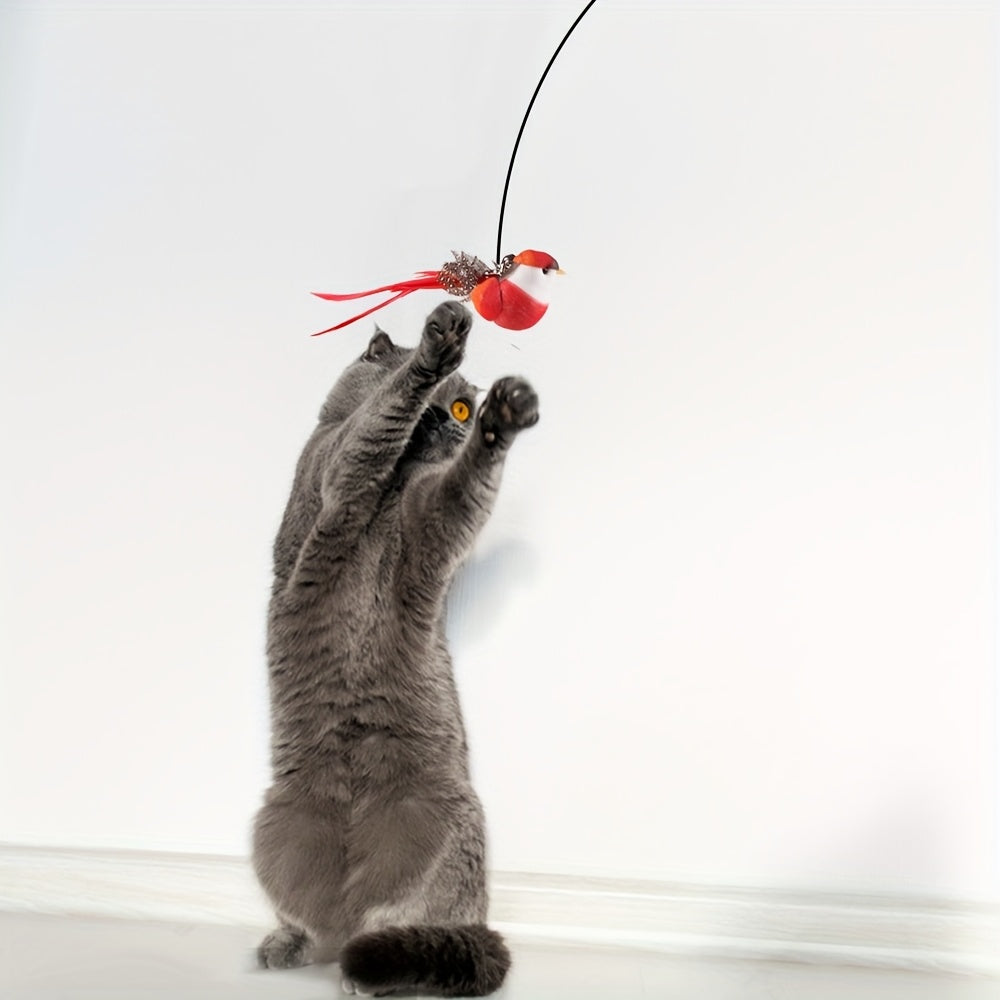 3pcs Cat Toy Stick Set with Simulated Bird and Mouse, Hands-Free Bird Cat Stick Long Pole Dual Rod with Bell Strong Suction Cup Interactive Cat Toy for Kittens Hunting Pet Supplies Accessories Handmade Toy Suitable as a Birthday Gift for Cats Faux Feather