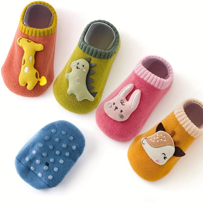 3 Pairs Of Baby Boy's Cartoon Animal Dino Decor Bottom Rubber Non-slip Sports Socks, Comfy Breathable Soft Socks For Babies Wearing