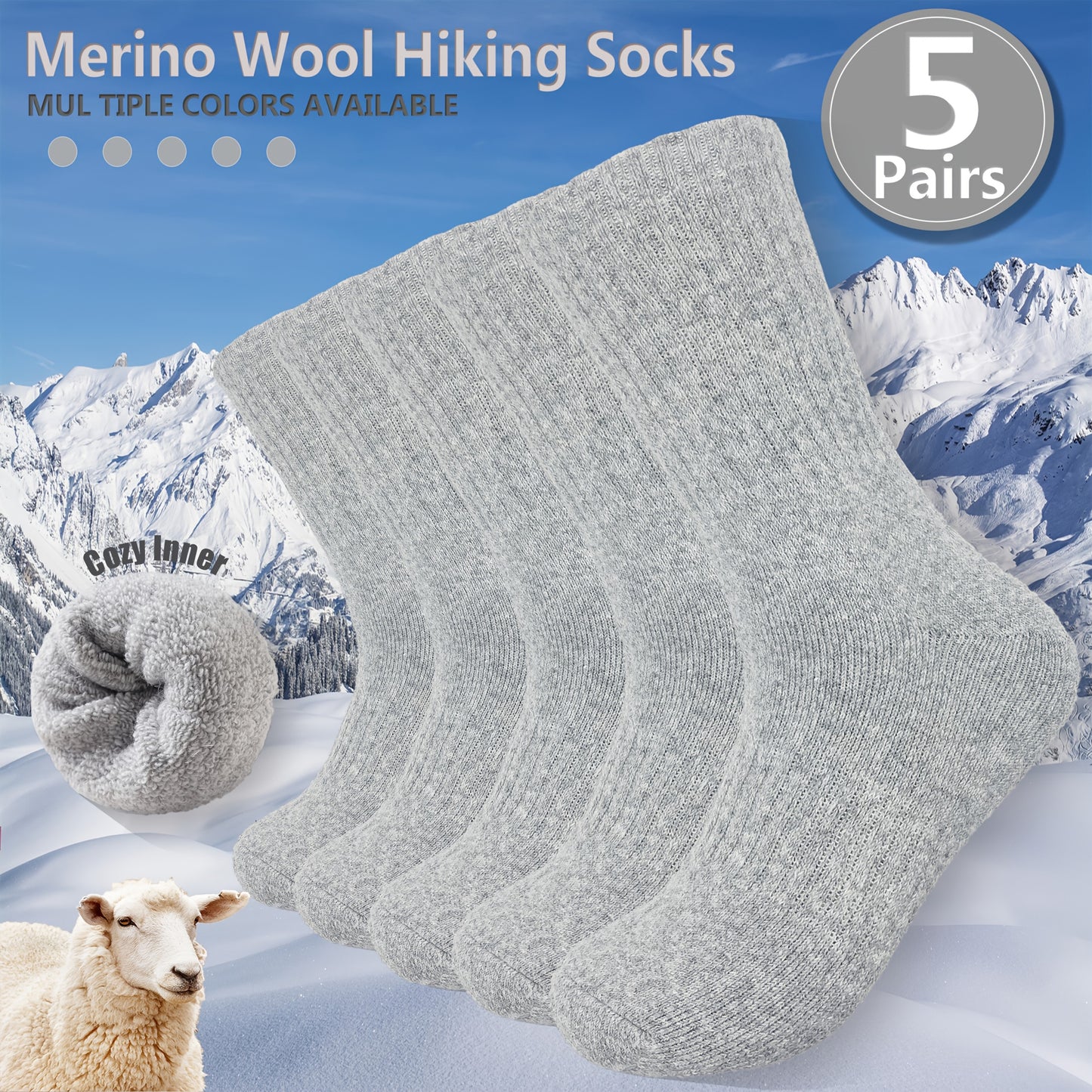 5 Pairs Merino Wool Hiking Socks, Thermal Warm Winter Thick Cushion Moisture Wicking Crew Boot Socks for Women, Perfect for Cold Weather, Winter Warm Essentials