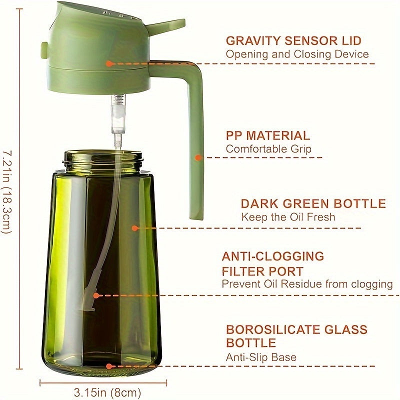 16oz Olive Green Glass Olive Oil Dispenser - 2-in-1 Oil Bottle and Cooking Sprayer with Auto Flip Cap and Label Stickers (Light Blocking)