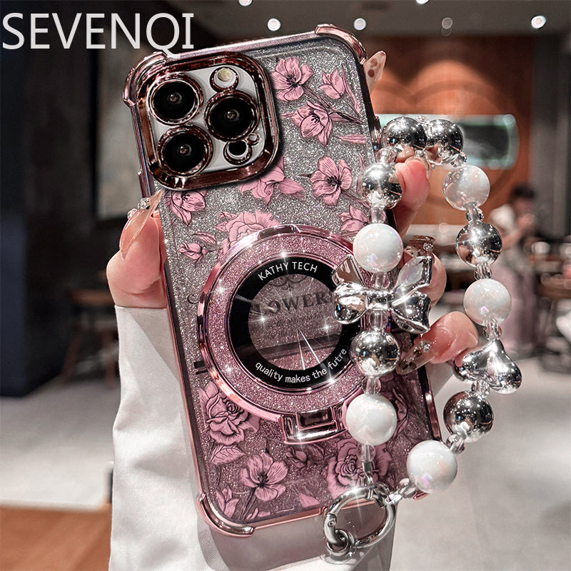 Lily Flowers For Apple 15promax Phone Case 16 For Girls New Premium IPhone14 Four Corners Anti-Drop 12 Glitter Flower Protective Case 13 Magnetic Bracket 12 Girls With Bracelet Phone Case For 16promax
