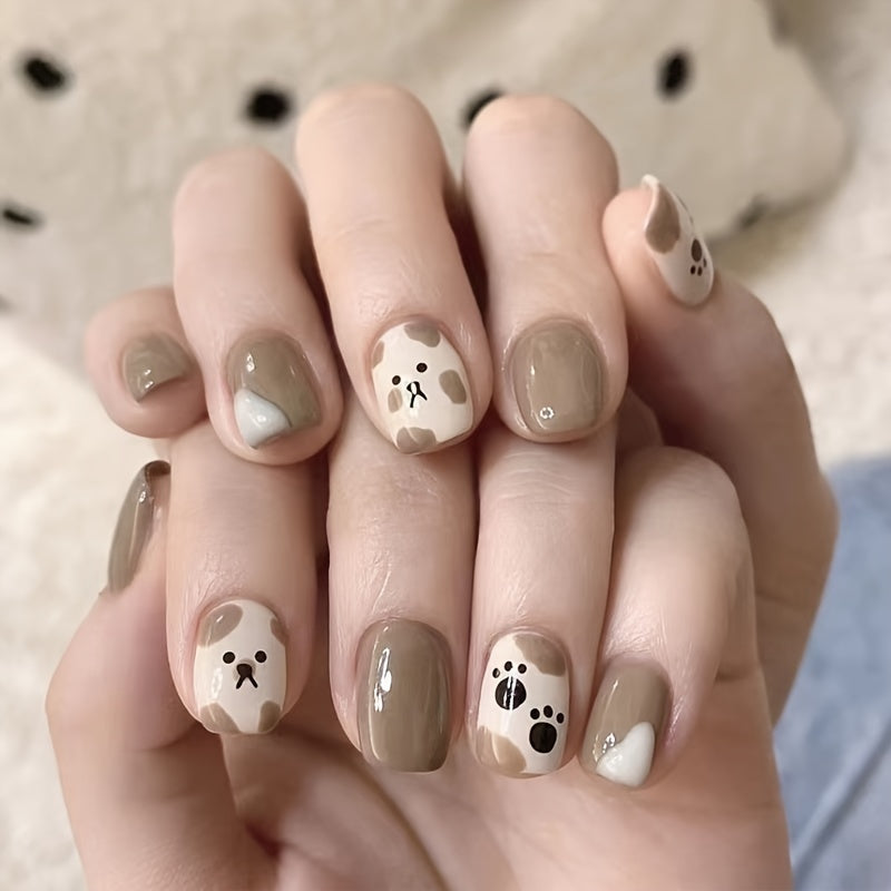 24pcs Cute Bear Design Fake Nails Set - Matte Finish, Animal Patterns, Reusable with Mini Nail File and Jelly Glue Included