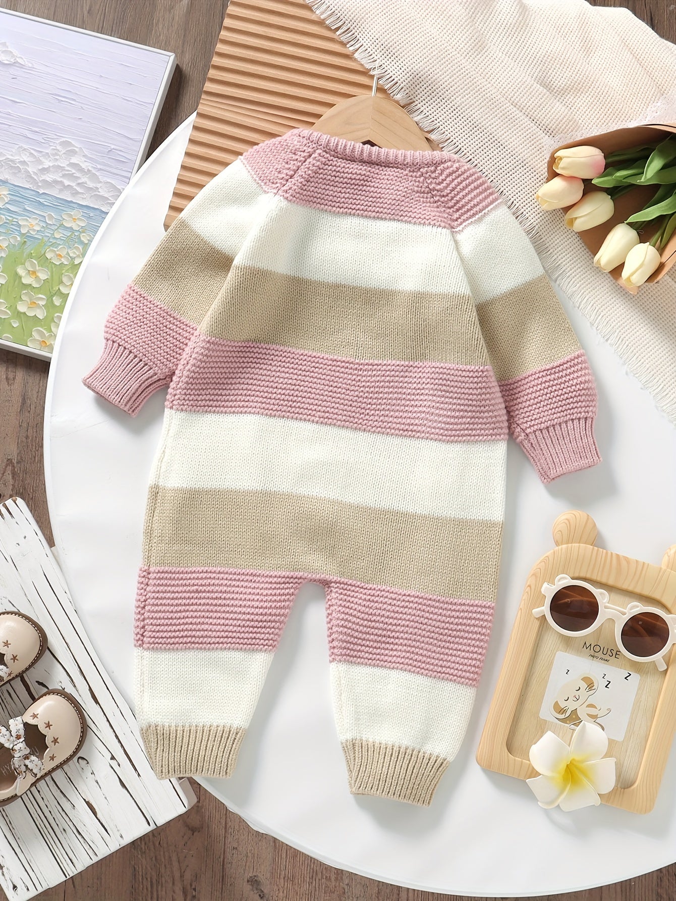 DOVFANNY Baby Boys' Striped Long-Sleeve Romper - Soft Acrylic Knit Jumpsuit with Button Front, Gray & Pink Horizontal Stripes, Perfect for Fall/Winter, Baby Boy Clothes, Fall Winter Apparel, Cozy Infantwear, Playful Infantwear, Durable Infantwear