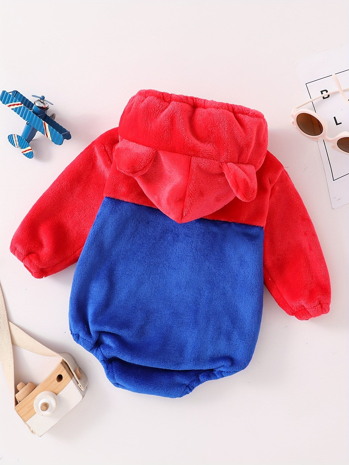 Baby's Cute Bear Character Themed Warm Fuzzy Hooded Long Sleeve Bodysuit, Toddler & Infant Girl's Onesie For Spring & Fall Outdoors