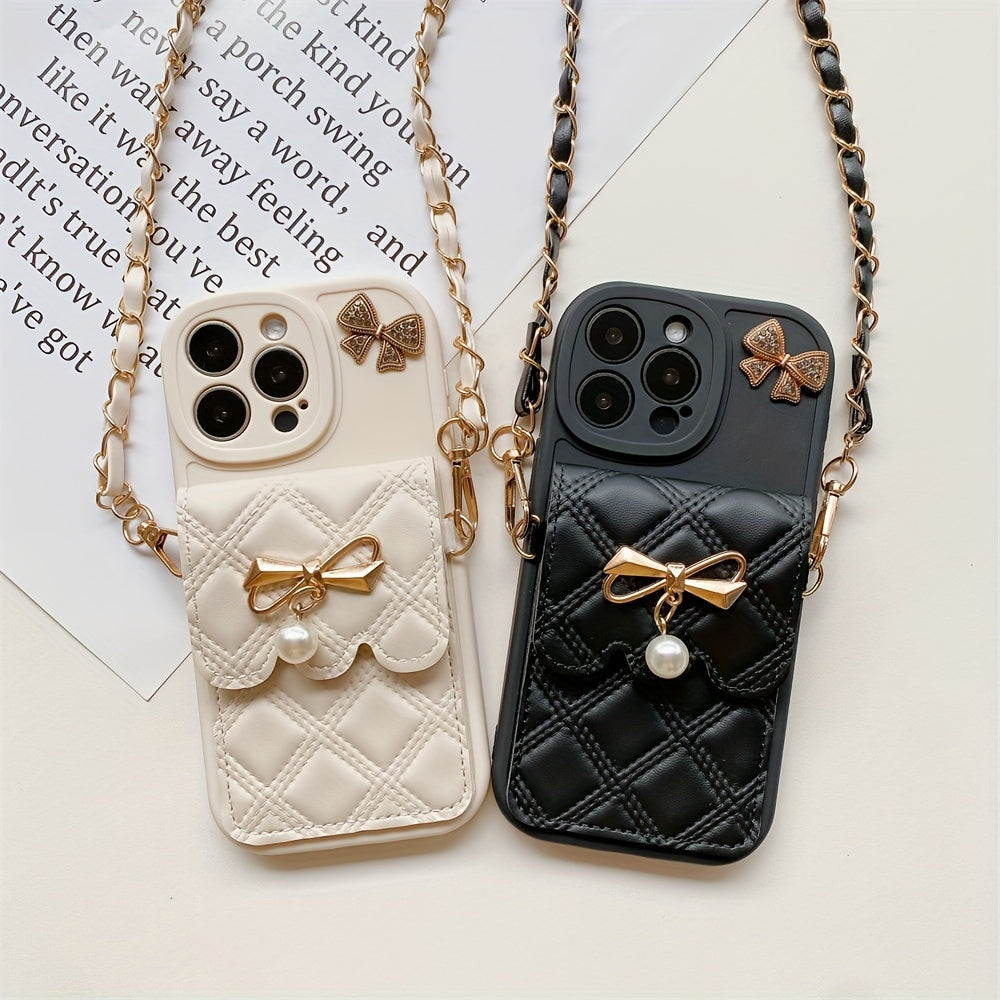 Diamond Grid Bow Card Phone Case Suitable for iPhone 15Promax/14plus with Lanyard Can Be Carried Obliquely 12pro/13promax Full Cover 12Mini/13Mini Soft Case 11 Protective Case Coin Purse