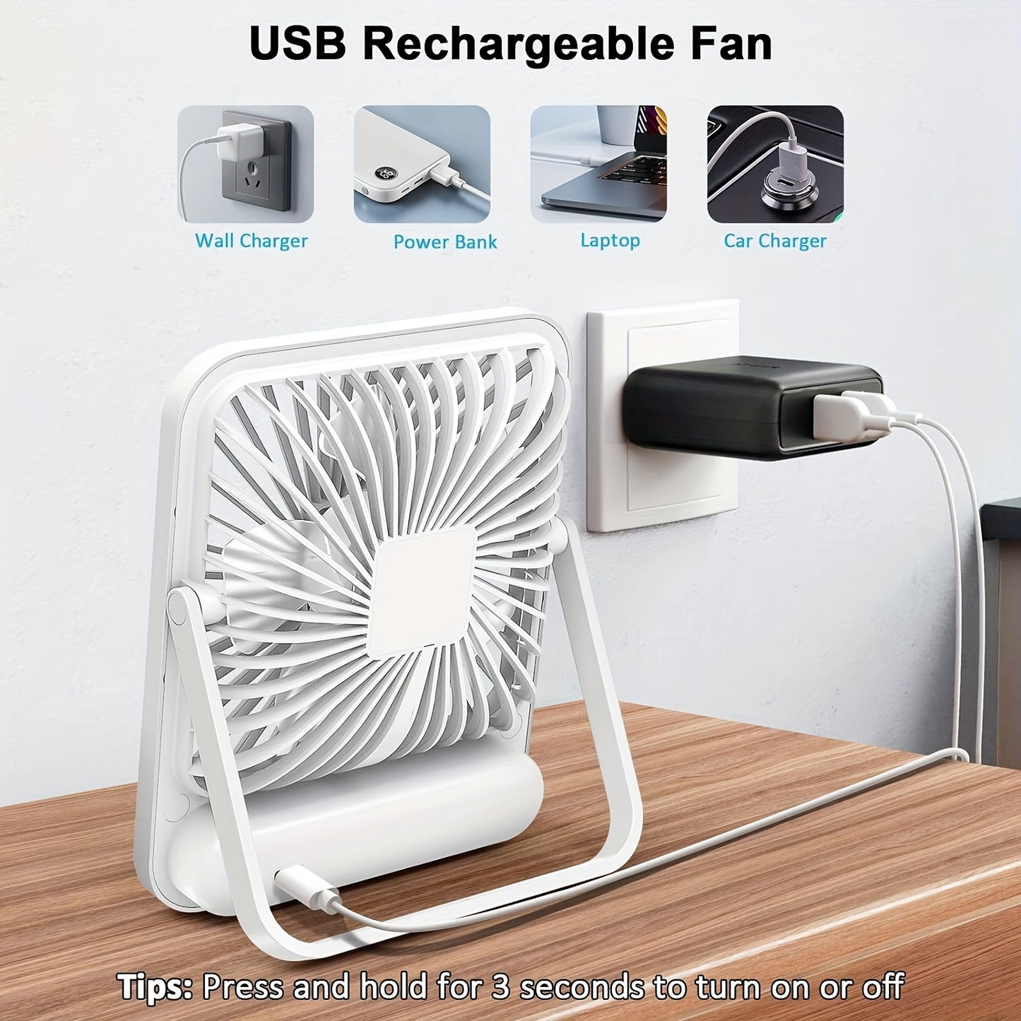 1800mAh Rechargeable YITUMU Mini Desktop Fan, 5 Gears Portable Cooling Fan, Powerful Wind, Quiet Operation, Square Shape, USB Charging, Suitable For Home, Office, Car And Outdoor Travel