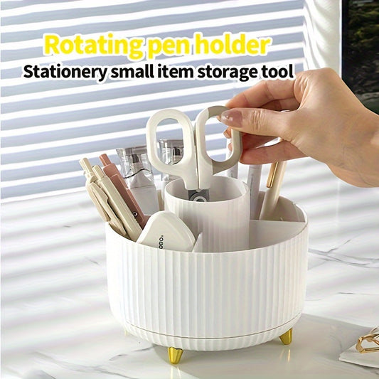 Round Multi-Compartment Rotating Pen Holder - Plastic Desk Organizer for Office Supplies and Cosmetics