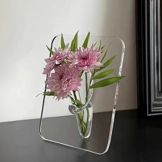1 Piece Art Deco Style Acrylic Resin Bud Vase - Geometric Transparent Oblong Flower Vase - Creative Picture Frame Design - Decorative Home Office Desktop Accessory, Small Gift