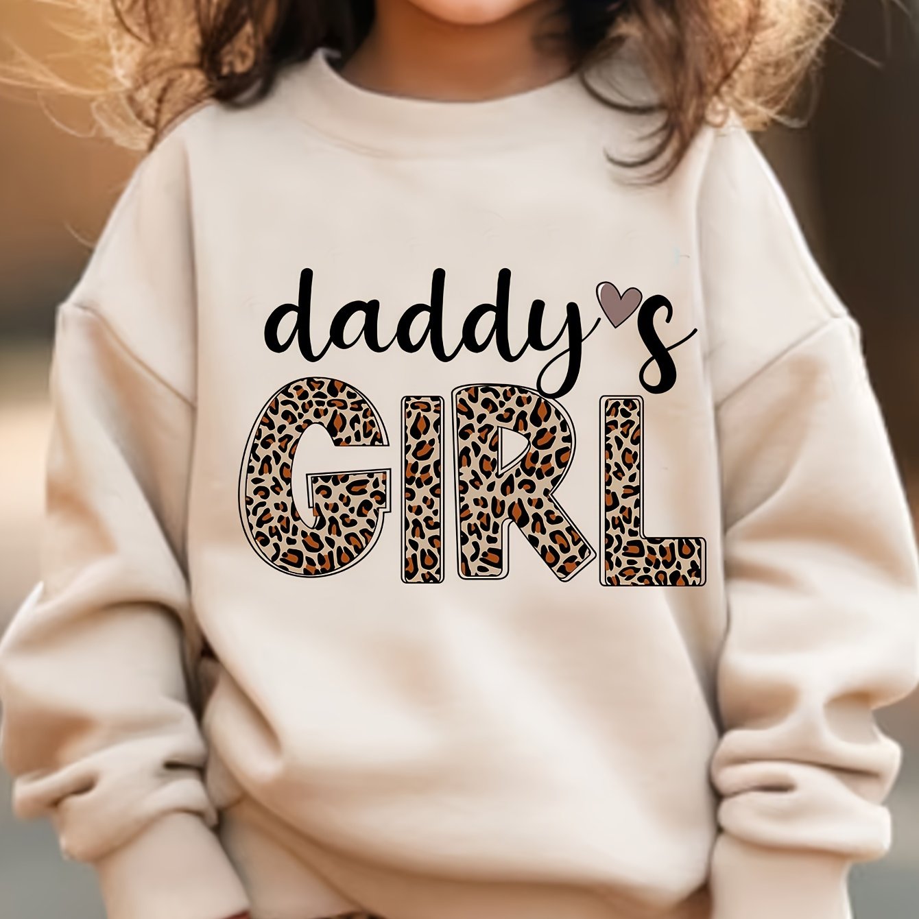 1pc Chicfull Daddy'S Girl Leopard Print Lettering Sweatshirt for Girls, Casual Style, Round Neck, Polyester, Knitted, Regular Fit, Warm and Stretchy - All Seasons, Thick