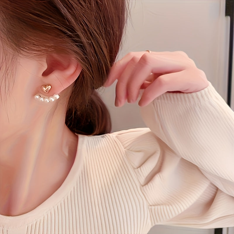 Pair of Elegant Heart-Shaped Faux Imitation Pearl Earrings for Women - Golden-Tone Alloy with Stainless Steel Posts, Valentine's Day Gift for Her, Girlfriend, Best Friend, Everyday Jewelry