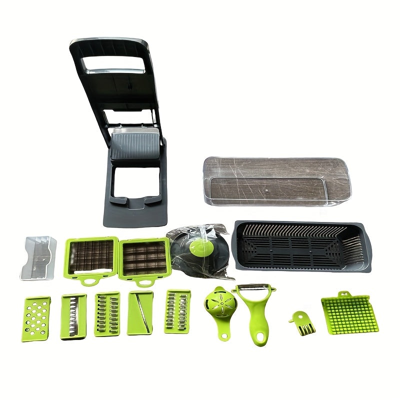 16-in-1 Multifunctional Vegetable Chopper - Manual Food Slicer Dicer with Container, Kitchen Veggie Cutter for Onion, Carrot, Garlic - Plastic Kitchen Gadget Set with Drain Basket & Hand Protector