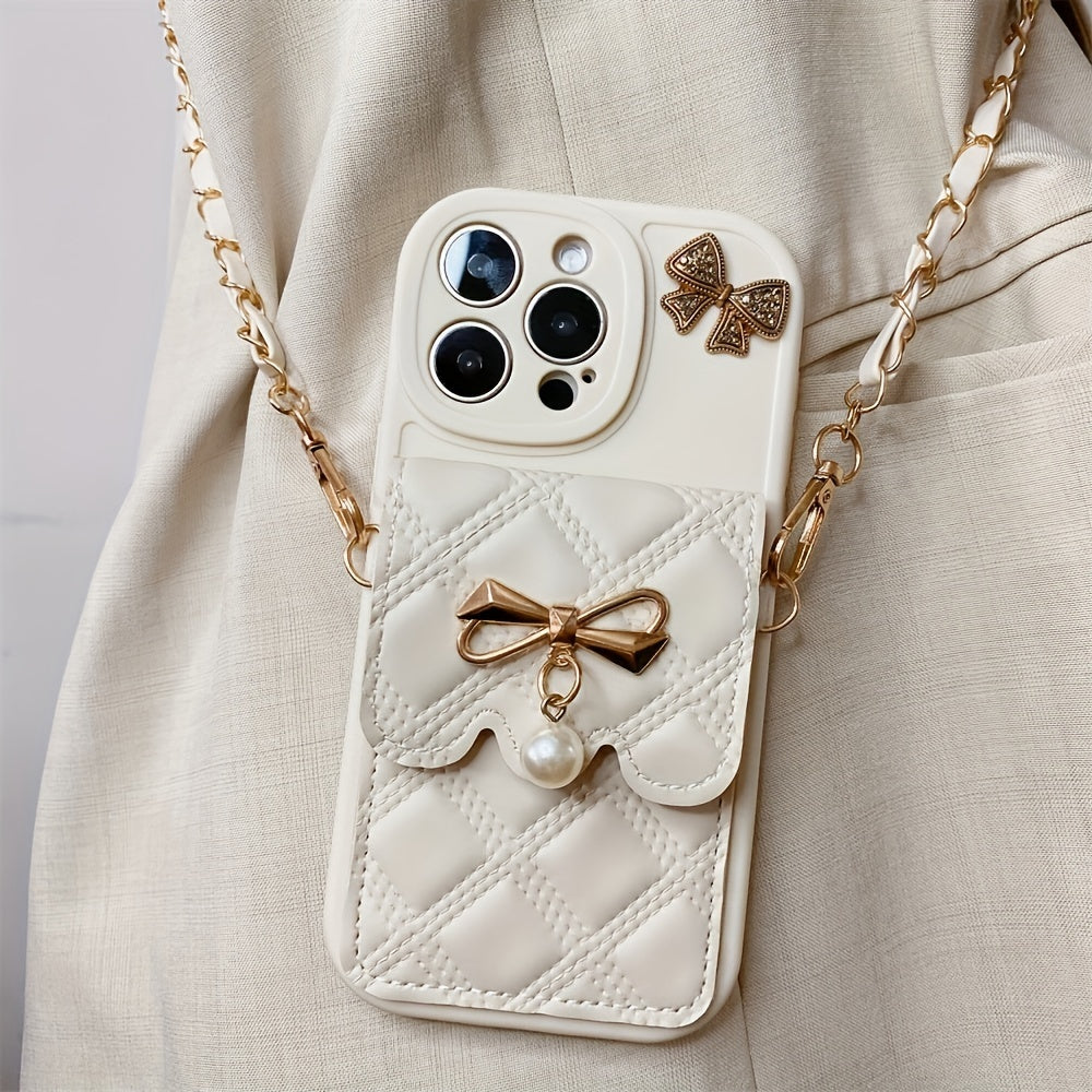 Diamond Grid Bow Card Phone Case Suitable for iPhone 15Promax/14plus with Lanyard Can Be Carried Obliquely 12pro/13promax Full Cover 12Mini/13Mini Soft Case 11 Protective Case Coin Purse