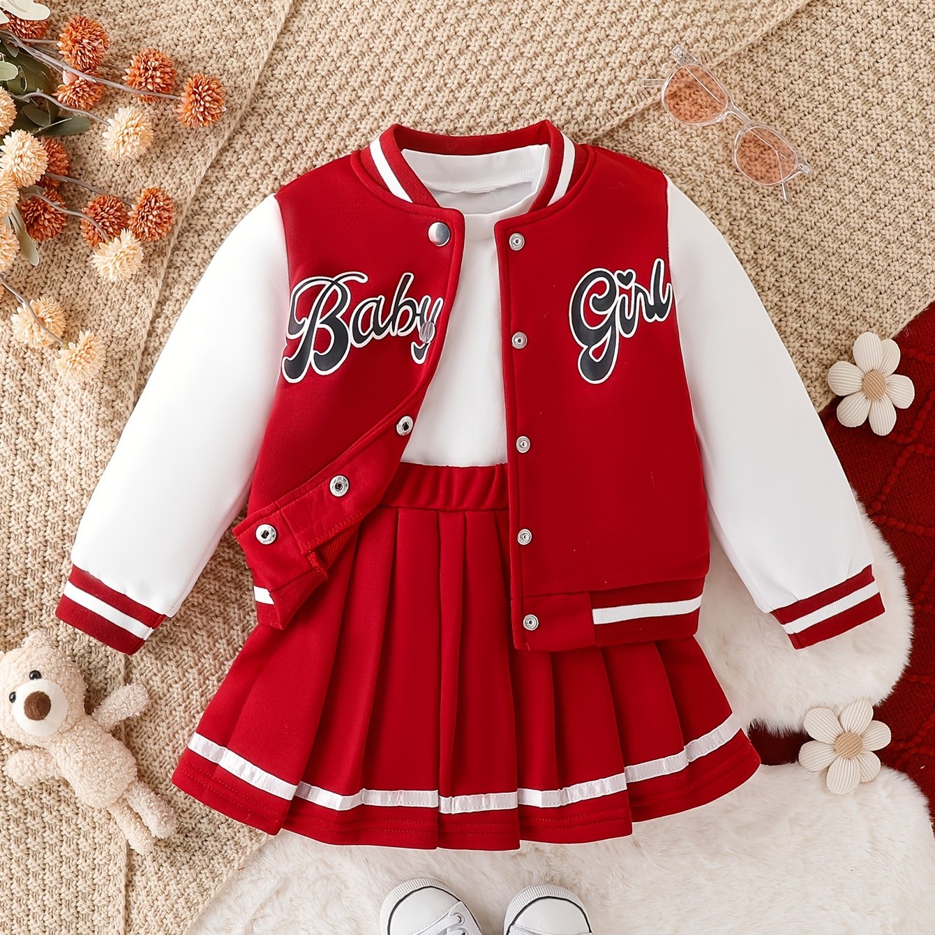 Girls' American Style Patchwork Baseball Jacket & Preppy Pleated Skirt Set, Long Sleeve Crew Neck with Alphabet Applique, Knee-Length Regular Fit for Fall/Winter, Perfect for Outdoor