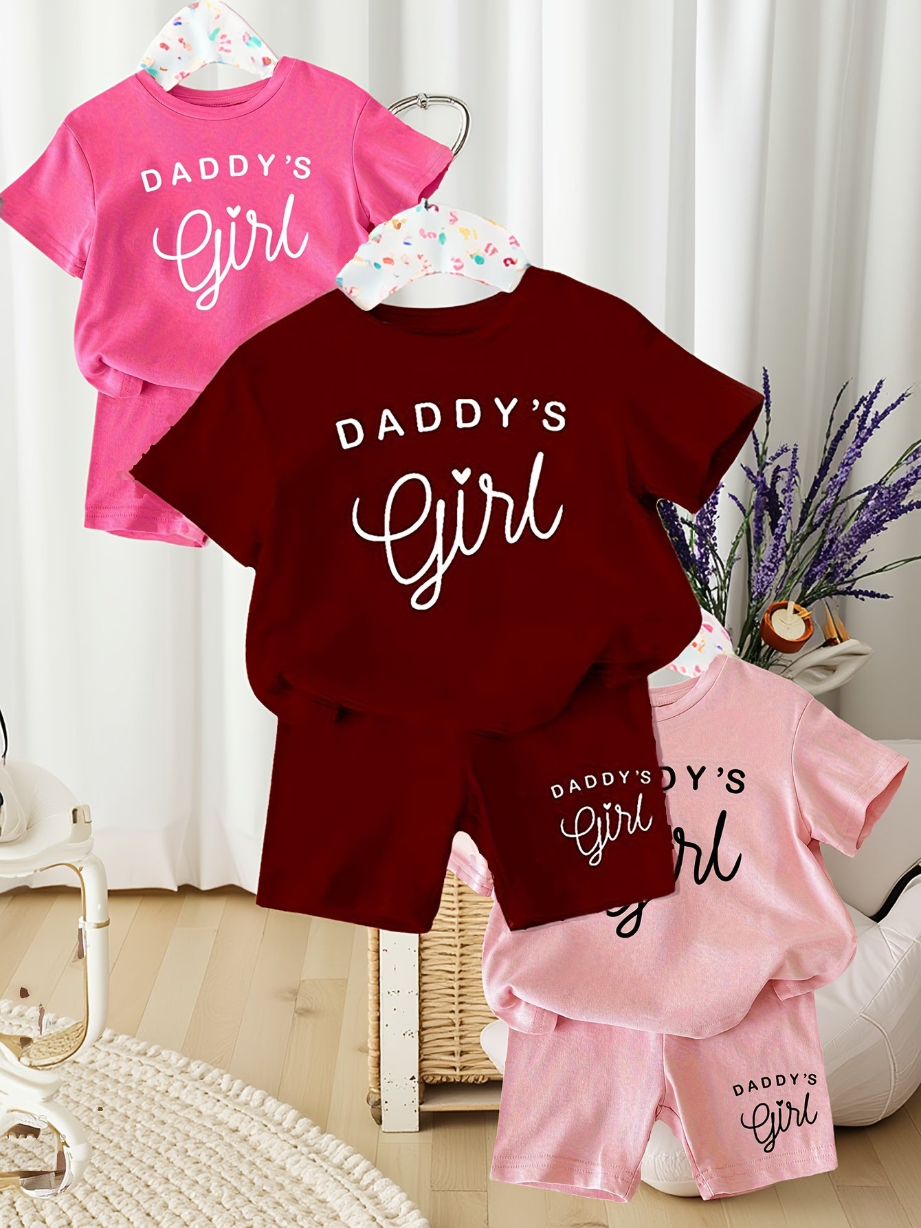 Girls Summer Outfit, "Daddy'S Girl" Letter Print Knit Top and Shorts Set, Soft Comfortable Casual Polyester 95% with 5% Elastane, Slight Stretch, Round Neck, Short Sleeve - Fashion Clothing, for Outdoor