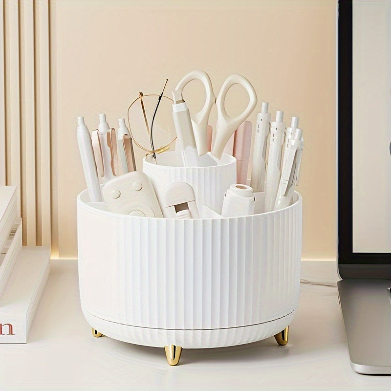 Round Multi-Compartment Rotating Pen Holder - Plastic Desk Organizer for Office Supplies and Cosmetics