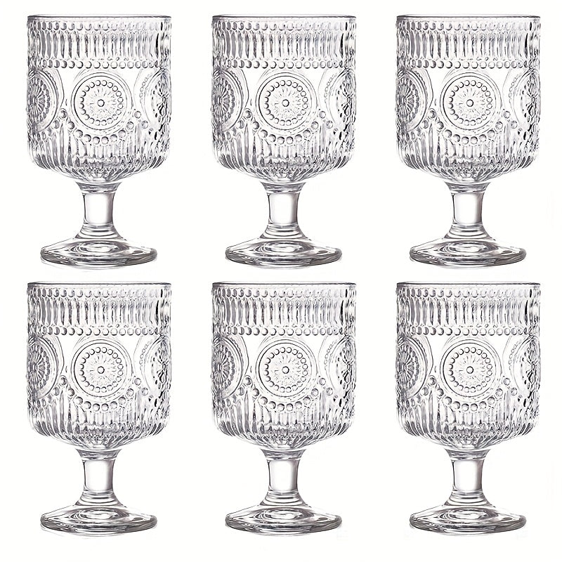 Set of 6/8pcs, Vintage 8 Oz Glasses, Floral Relief Wine Glasses, Transparent Glass Drinkware Set, Drinking Glasses, Bar Glassware for Iced Tea, Wine, Beer, Juice, Cocktail, Whisky