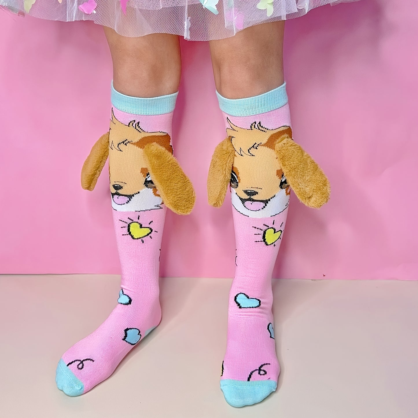 1 Pair Cute Cartoon Dog Ear Knee Socks for Girls - Soft Polyester & Spandex Blend, All-Season Comfort, Perfect Gift for Family & Friends, Decorative School & Party Socks, Dog Socks