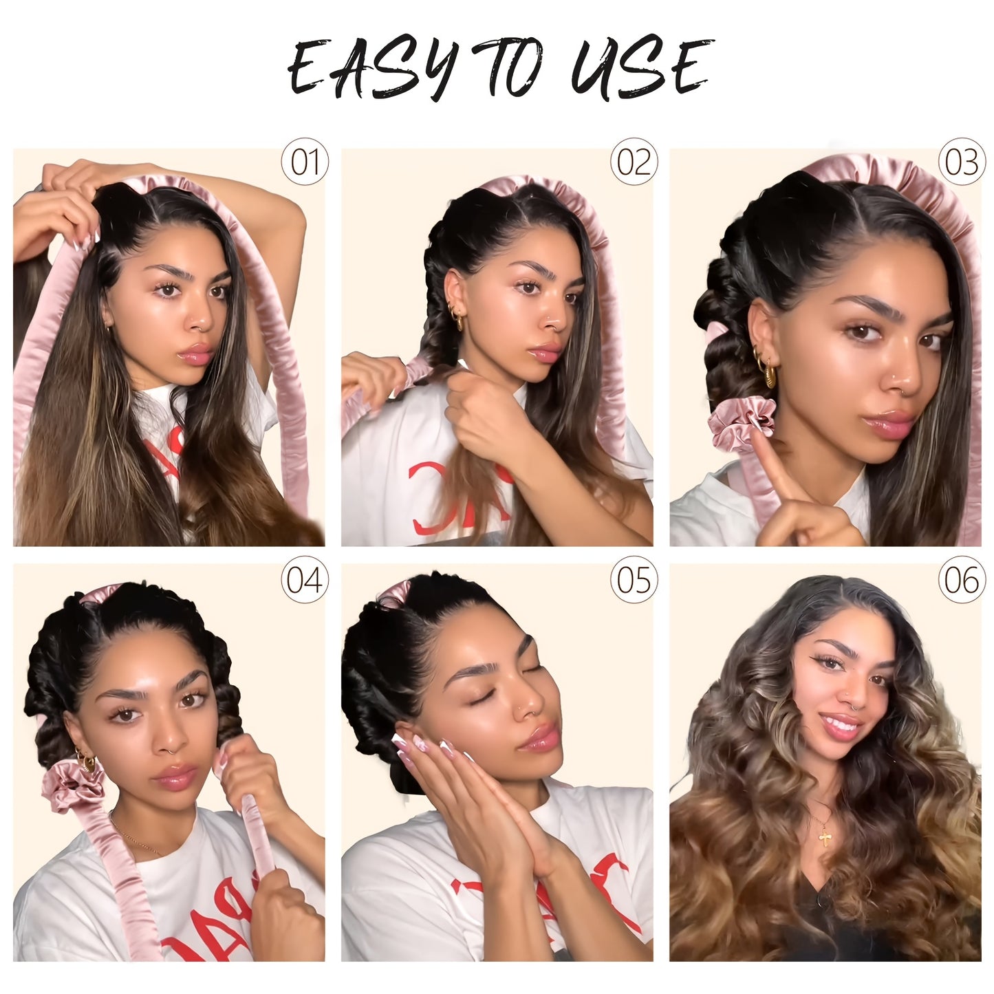 Ellitina 4pcs Spring-Summer Heatless Curling Set - No-Heat Overnight Waves & Satin Travel Kit | Sleep-Soft Adjustable Rod & Headbands (Leopard/Hearts) | DIY Vacation Curls Anywhere | Luxury Mother's Day gift