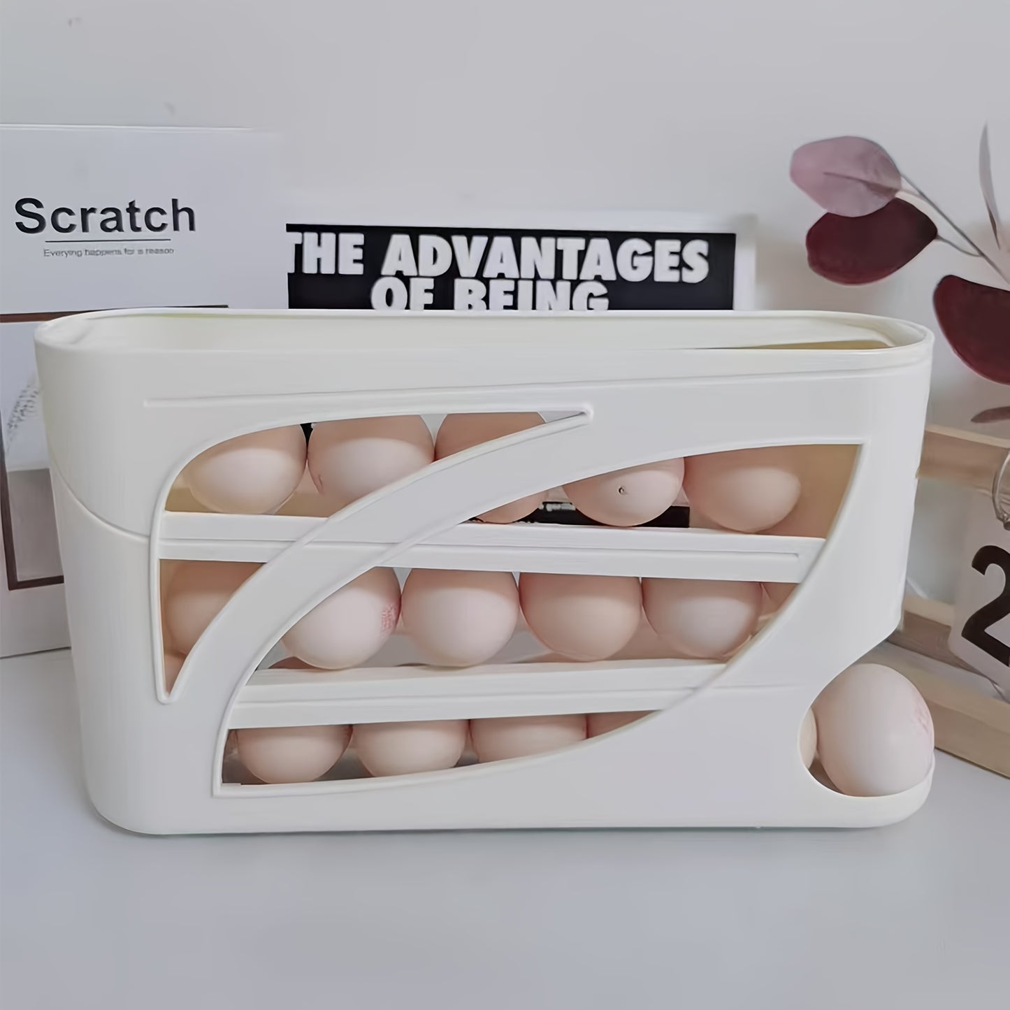 4-Tier Rolling Egg Holder - Space-Saving Side Door Design, Holds Up to 30 Eggs, Smooth Glossy Finish, Convenient Grip Handles, Ideal for Kitchen & Refrigerator Storage, Kitchen Organization | Modern Kitchen Accessory | Durable Plastic Holder,
