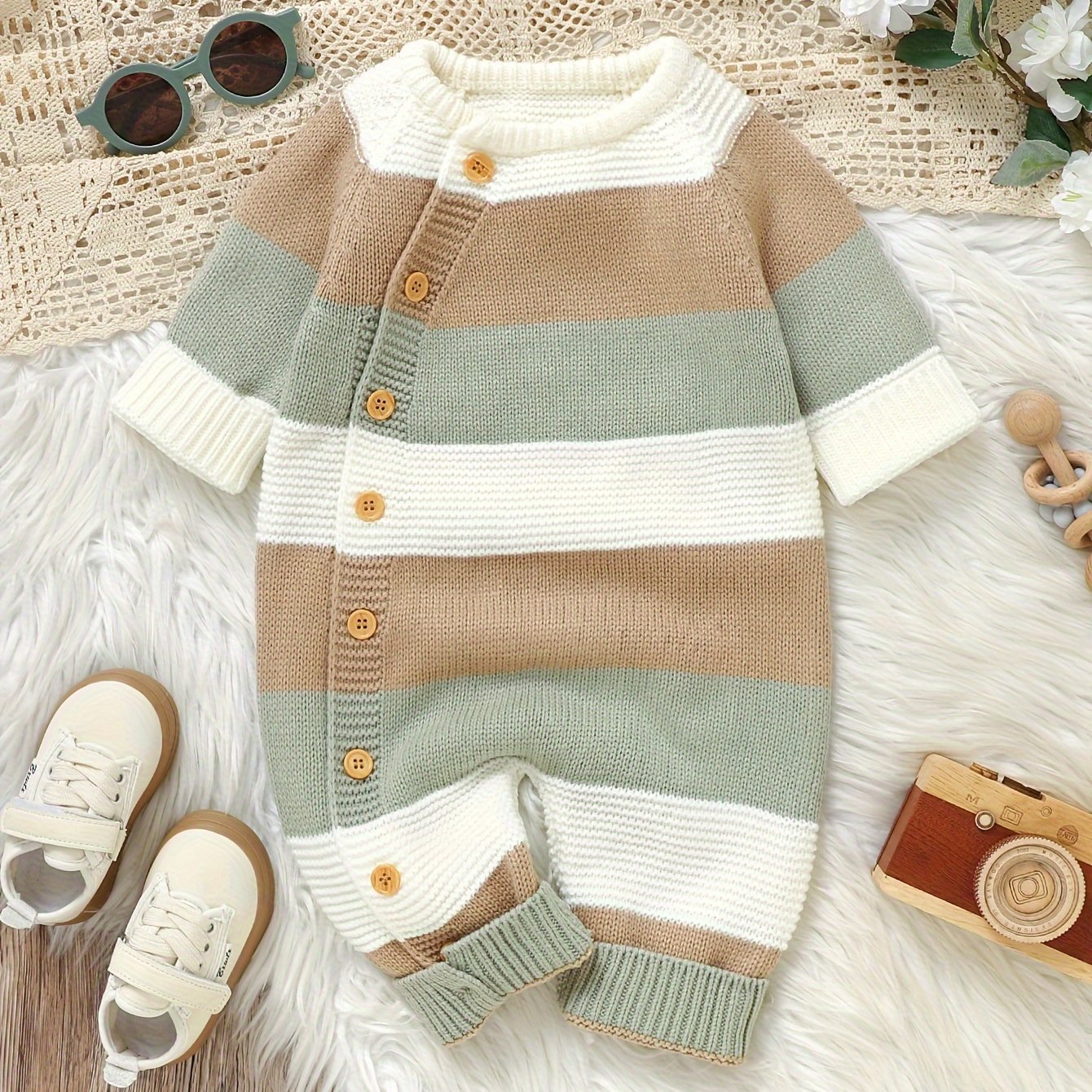 DOVFANNY Baby Boys' Striped Long-Sleeve Romper - Soft Acrylic Knit Jumpsuit with Button Front, Gray & Pink Horizontal Stripes, Perfect for Fall/Winter, Baby Boy Clothes, Fall Winter Apparel, Cozy Infantwear, Playful Infantwear, Durable Infantwear