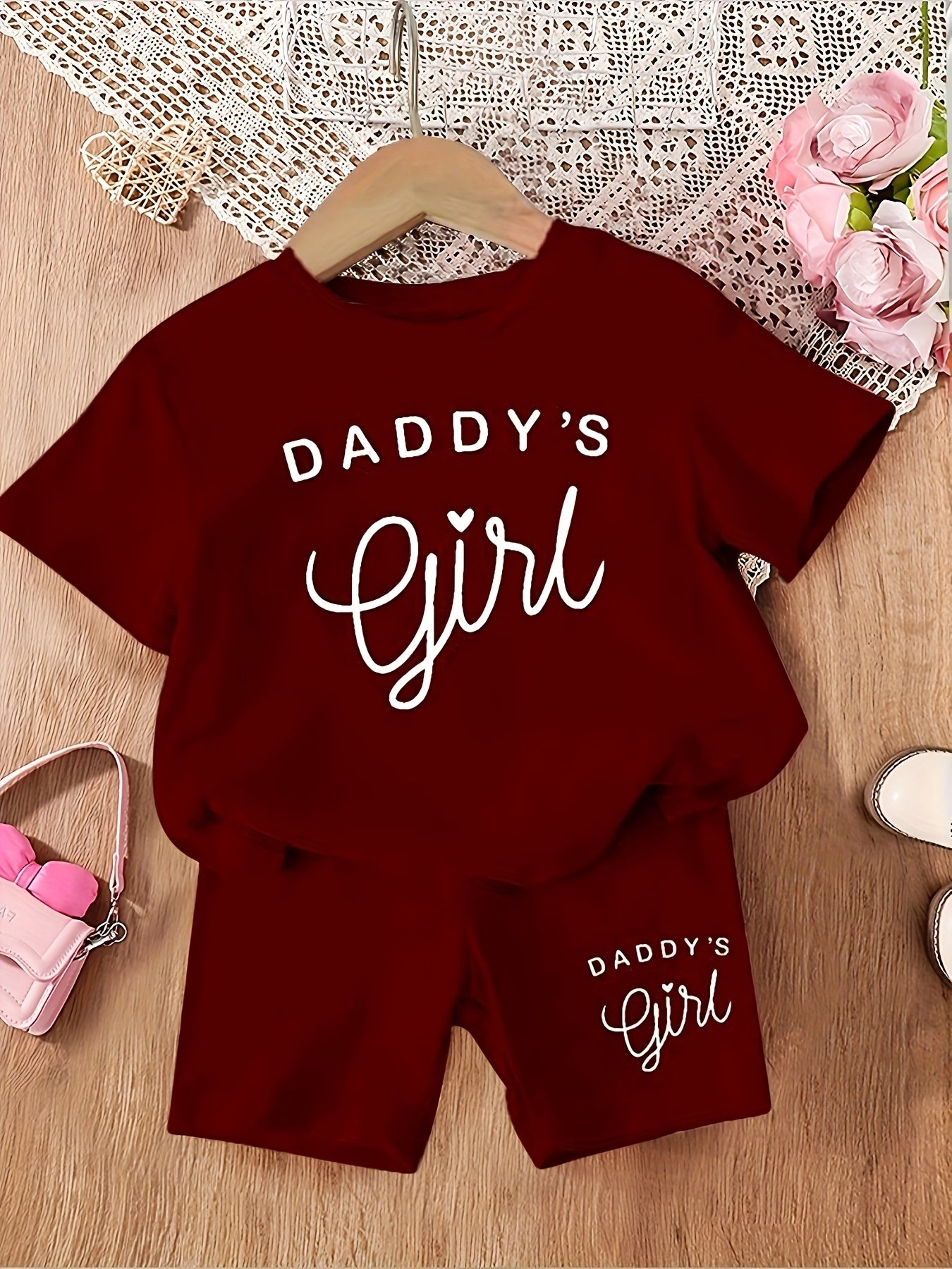Girls Summer Outfit, "Daddy'S Girl" Letter Print Knit Top and Shorts Set, Soft Comfortable Casual Polyester 95% with 5% Elastane, Slight Stretch, Round Neck, Short Sleeve - Fashion Clothing, for Outdoor