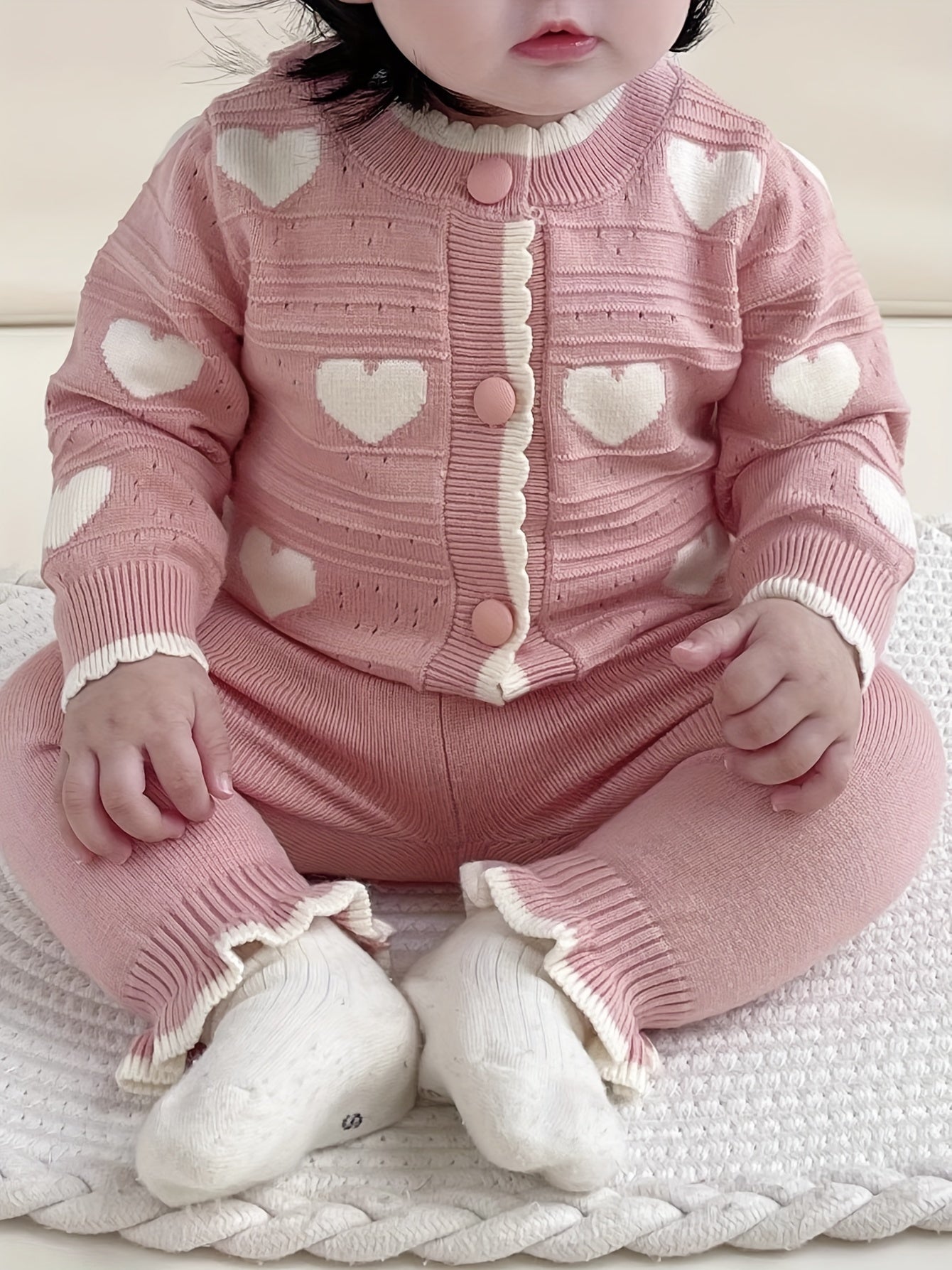 Newborn Baby Clothes Spring/Autumn Set for Girls with Heart Open Cardigan and Hollow Out Sweater Jacket Knit Pants Two-Piece Suit, Perfect for Outdoor