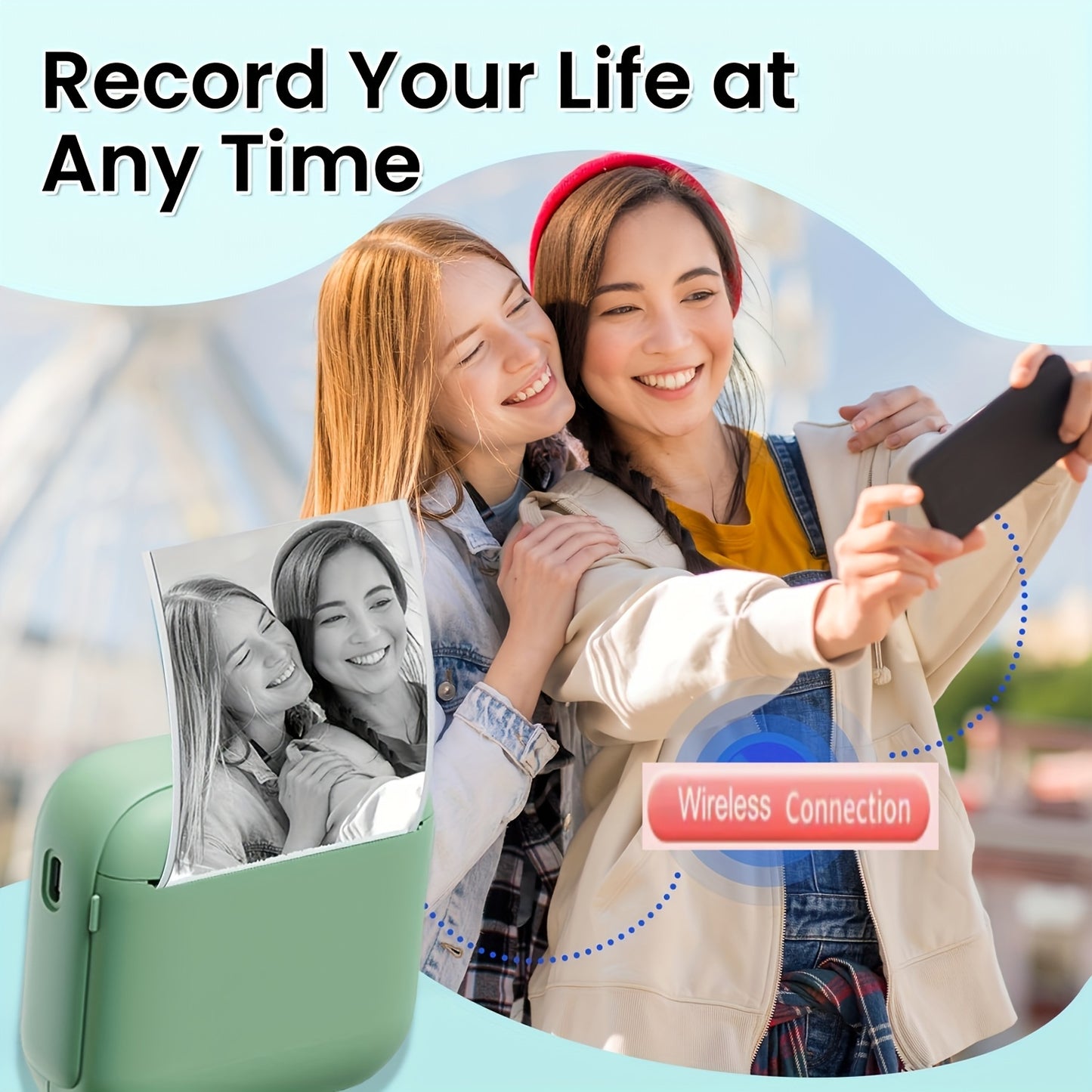 Portable Thermal Printer, Instant Print, Compatible with iOS/Android Devices, Wireless, Lithium Battery, USB Powered, for Photos, Labels, Notes & More