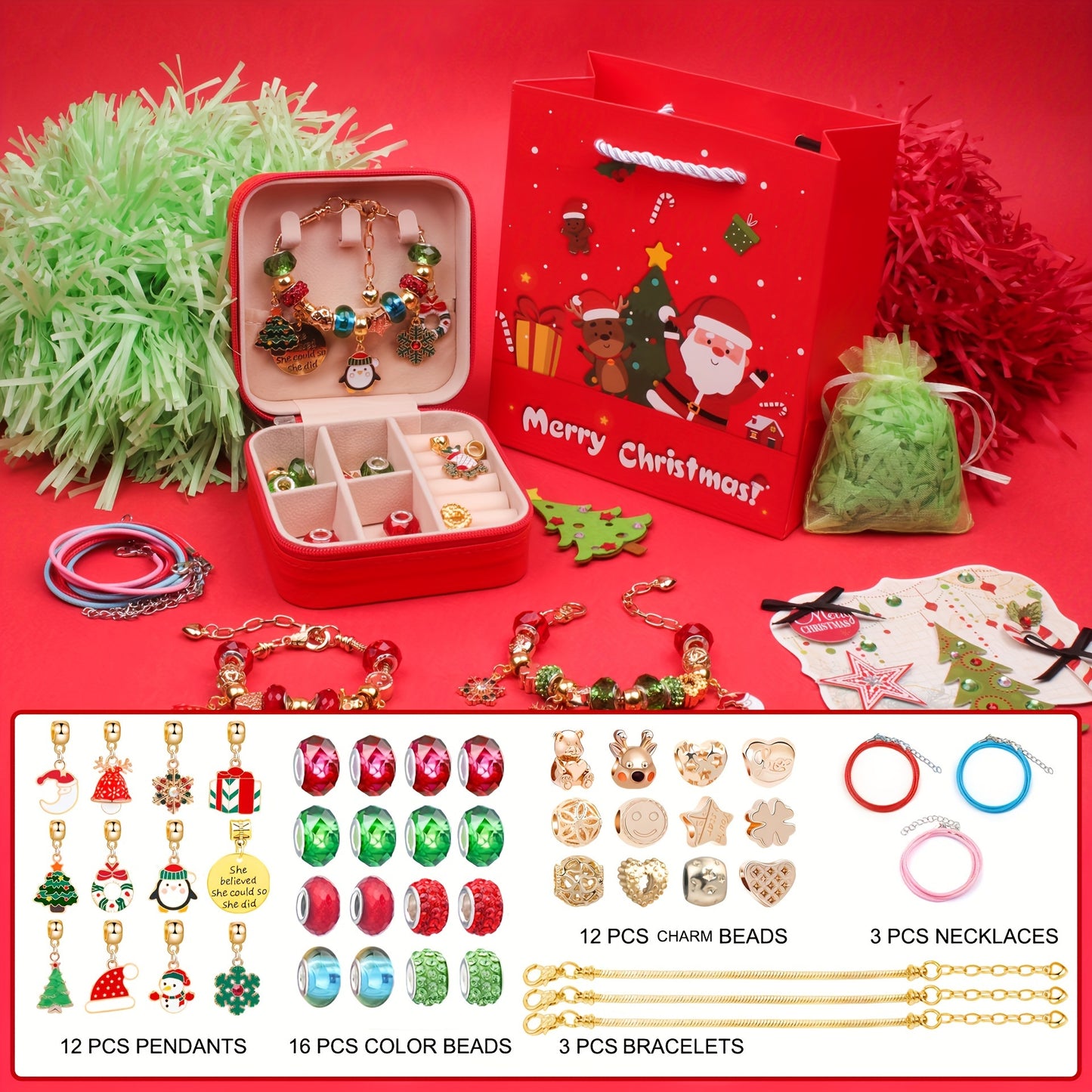 Charm bracelet making kits for girls DIY beads jewelry for gilrs crafts DIY bracelet with pink Faux Leather gift box