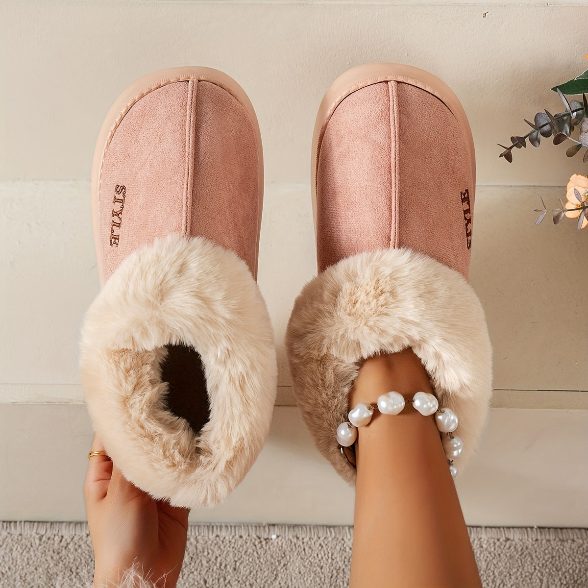 Cozy Winter Plush Slipper Boots for Women - Soft, Warm, Non-Slip Sole with Thick Heel, Solid Color Indoor Comfort Shoes