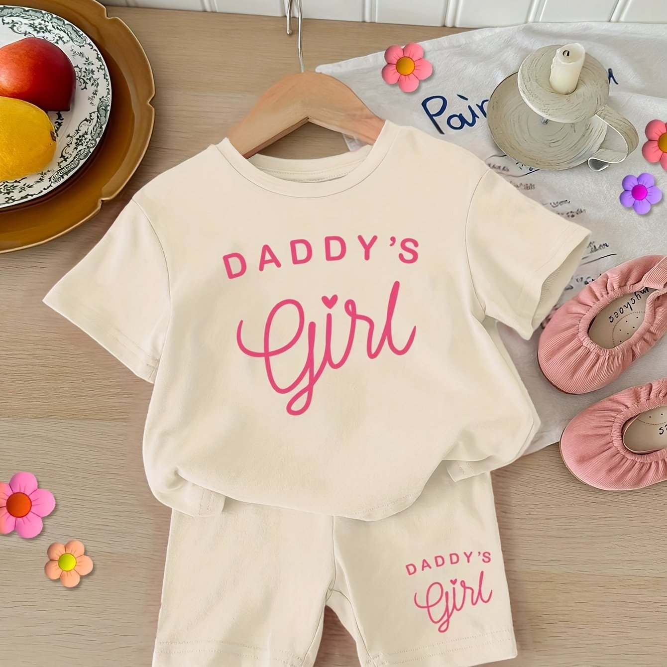 Girls Summer Outfit, "Daddy'S Girl" Letter Print Knit Top and Shorts Set, Soft Comfortable Casual Polyester 95% with 5% Elastane, Slight Stretch, Round Neck, Short Sleeve - Fashion Clothing, for Outdoor