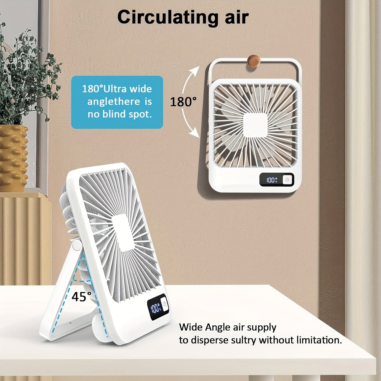 1800mAh Rechargeable YITUMU Mini Desktop Fan, 5 Gears Portable Cooling Fan, Powerful Wind, Quiet Operation, Square Shape, USB Charging, Suitable For Home, Office, Car And Outdoor Travel