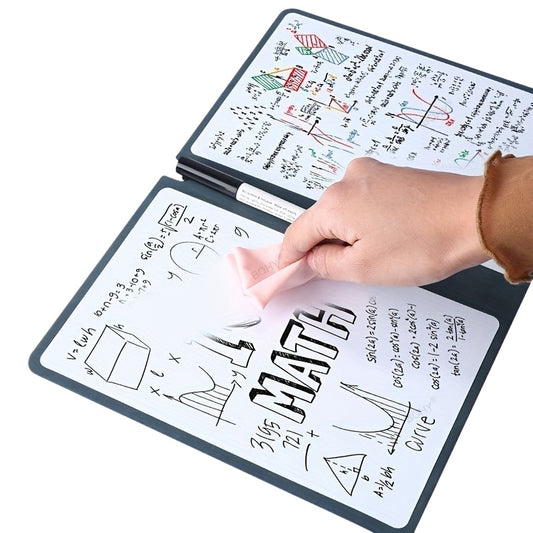 A5 Reusable Whiteboard Notebook with Faux Leather Cover - Portable Weekly Planner, Math Formulae & Illustrations Erase Cleanly, Includes Pen & Cloth, Ideal for Office & School, Notebooks for School