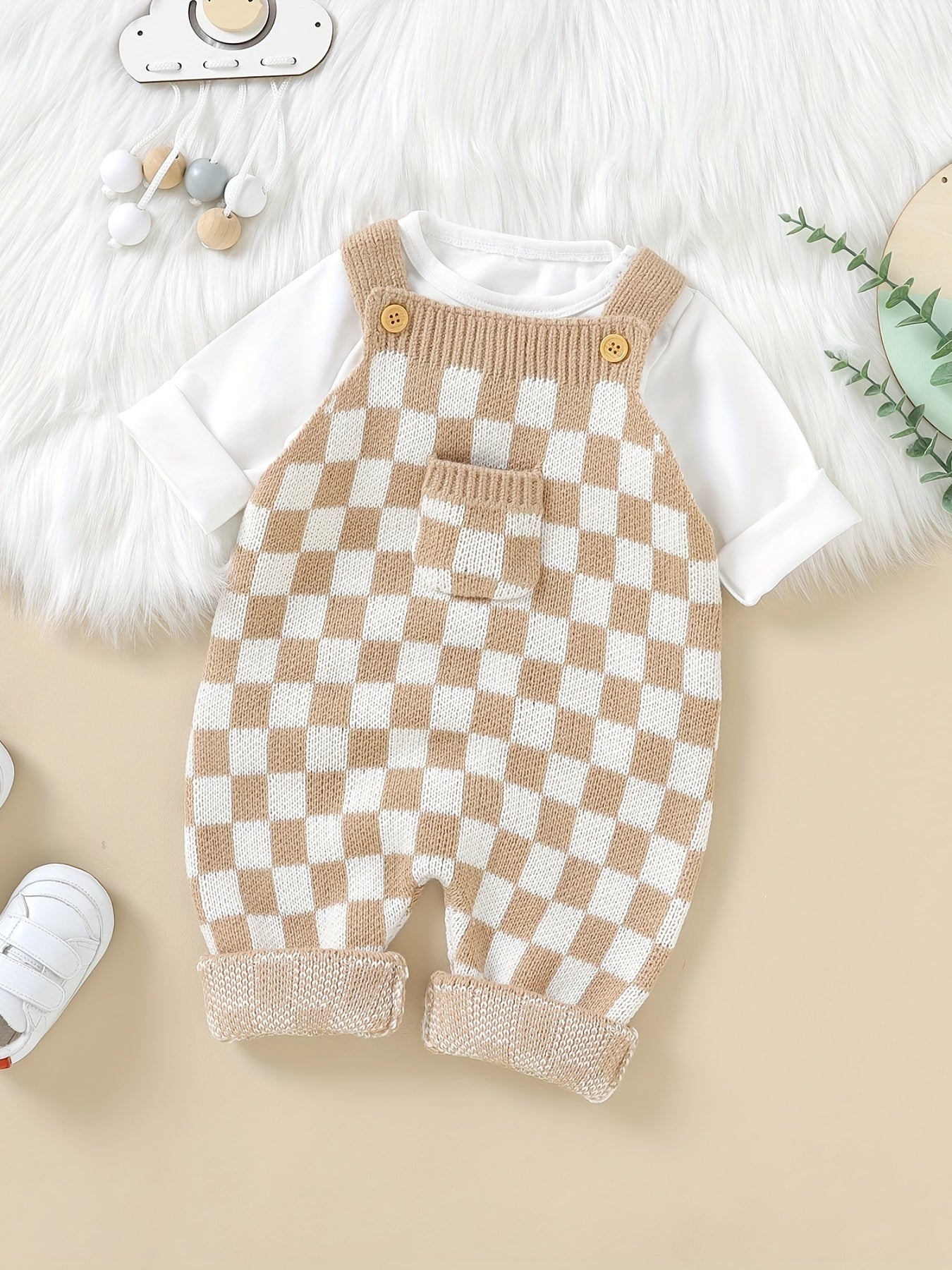 Kids' Knit Checkerboard Overalls with Cute Front Pocket - Cozy Acrylic, Stretchy, All-Season Wear for Boys and Girls, Casual Style, Perfect for Outdoor Wear, Perfect for Outdoor