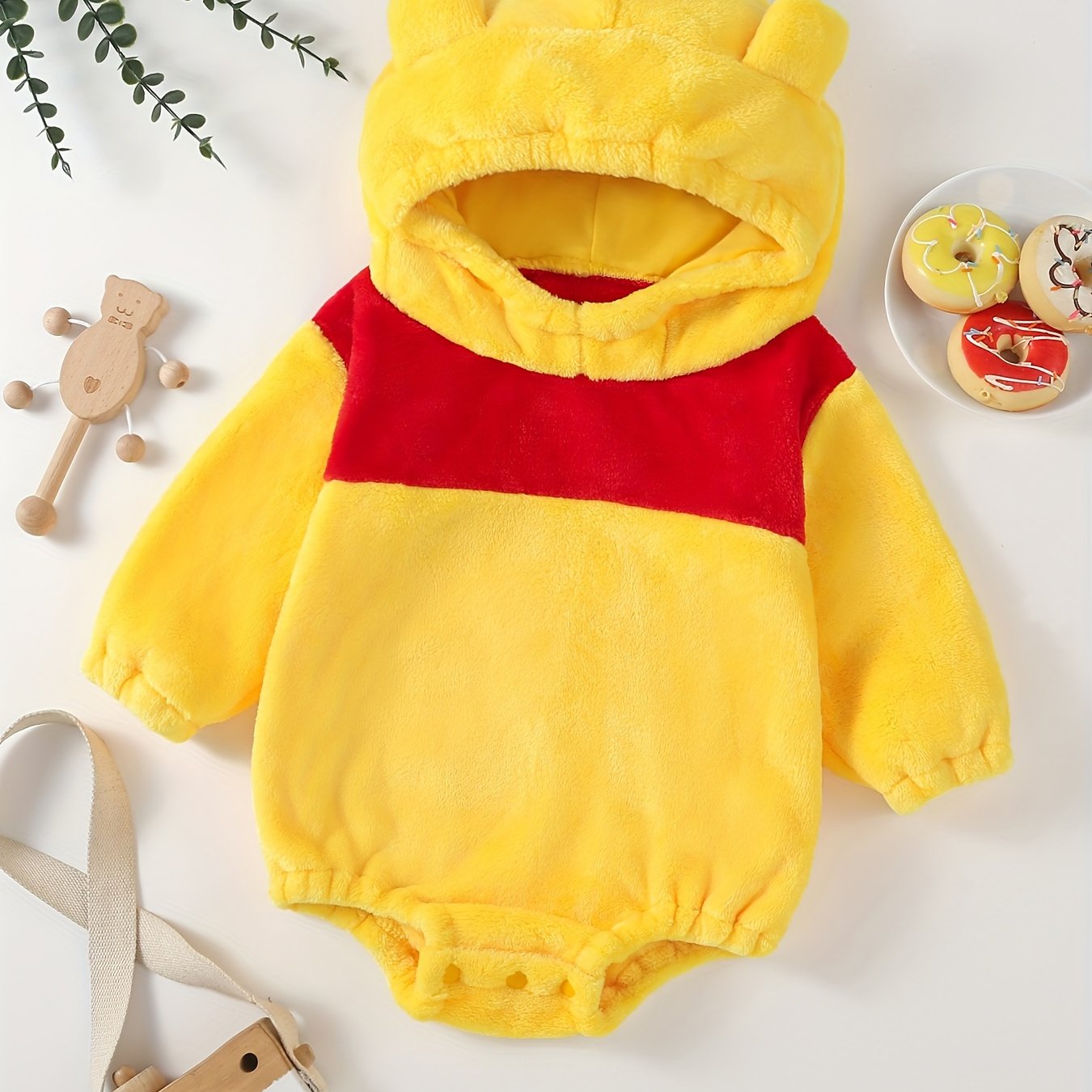 Baby's Cute Bear Character Themed Warm Fuzzy Hooded Long Sleeve Bodysuit, Toddler & Infant Girl's Onesie For Spring & Fall Outdoors