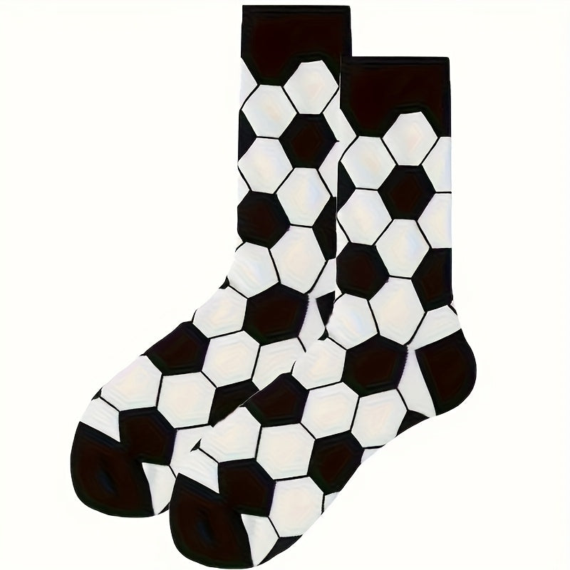 4 Pairs Kids Socks, Black and White Soccer Pattern, Polyester 80%, Elastane 20%, All-Season Knit Fabric, Mid-Calf Striped Plaid, Hand Washable, Trendy Sports Style for Boys and Girls