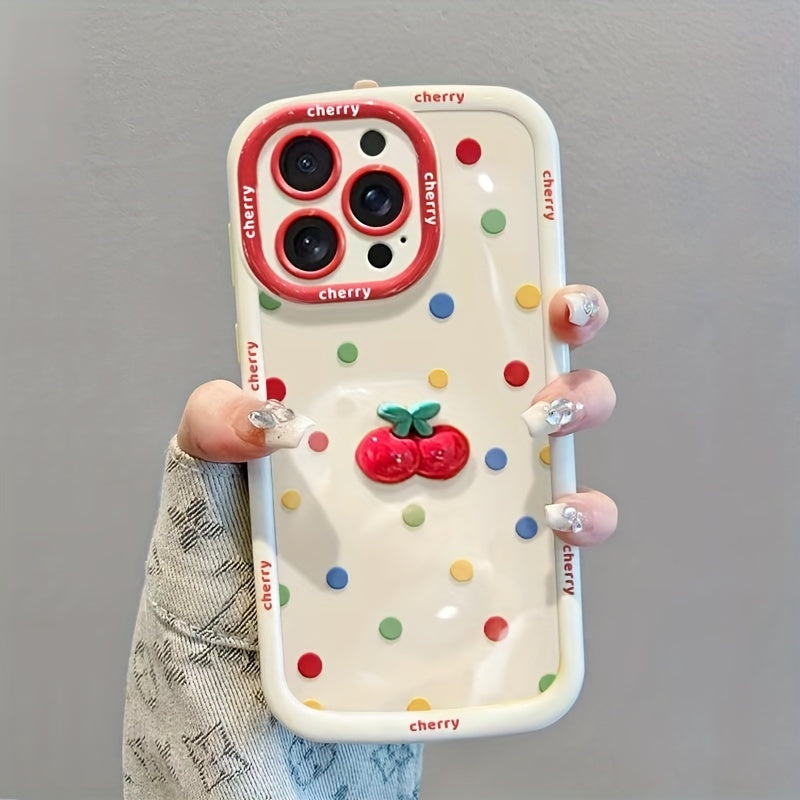 Cream shell painted cherry doll with colorful polka dot phone case with hanging rope for iPhone 11 12 13 14 15 16 promax