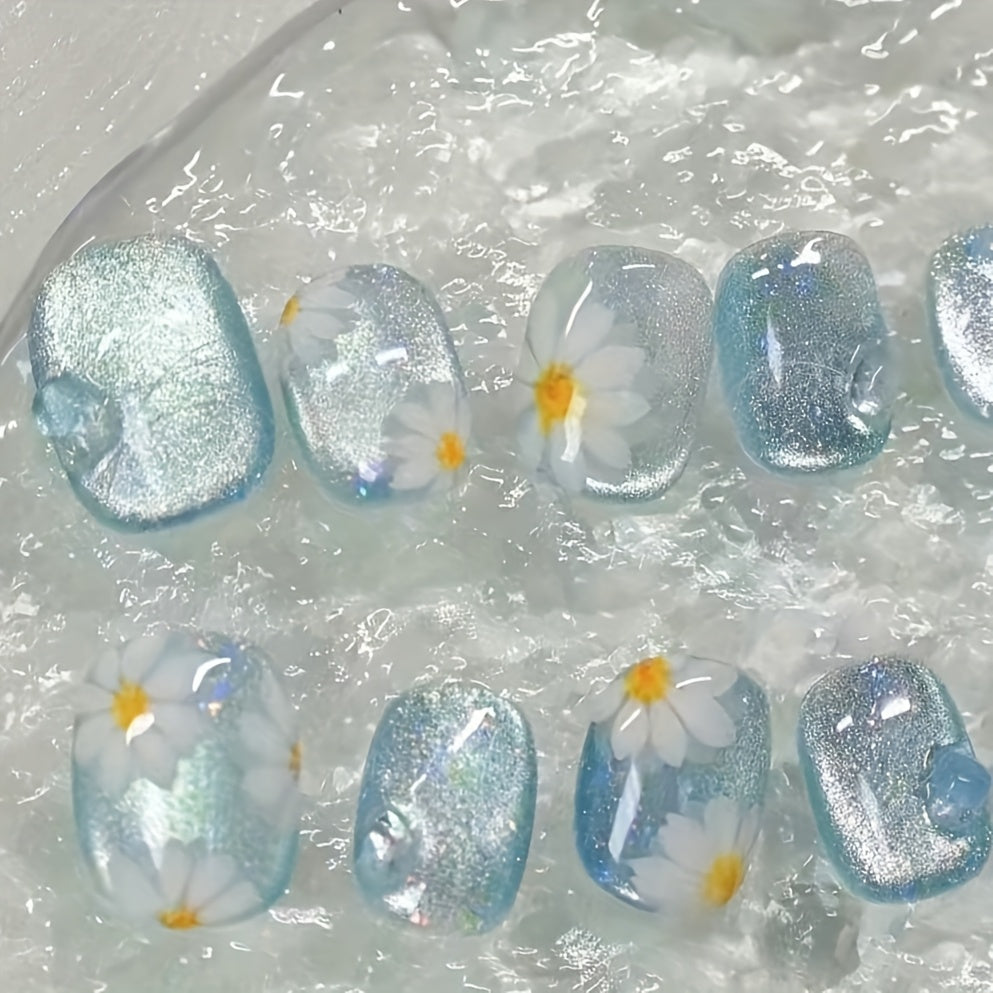 10pcs Blue Ice Crystal Daisy Line Bubble Wearable Nails, New Summer Beach Trip Detachable False Nails, Suitable for Nail Art DIY Enthusiasts, Women and Girls