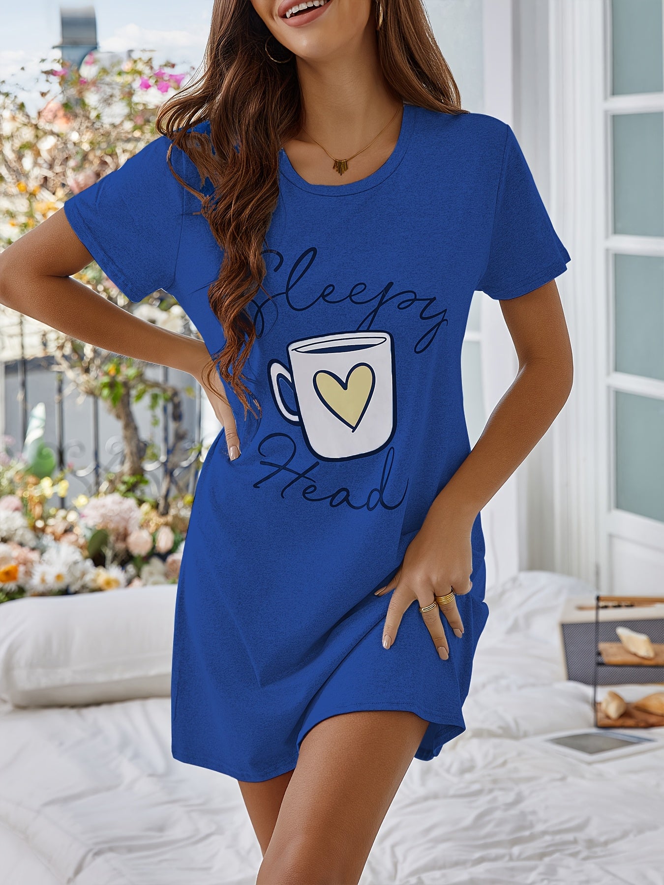 Cozy Printed Nightdress - Soft Short Sleeve Crew Neck Pajama Dress for Womens Comfortable Sleepwear and Lounging - Stylish Womens Dresses for a Relaxing Night In