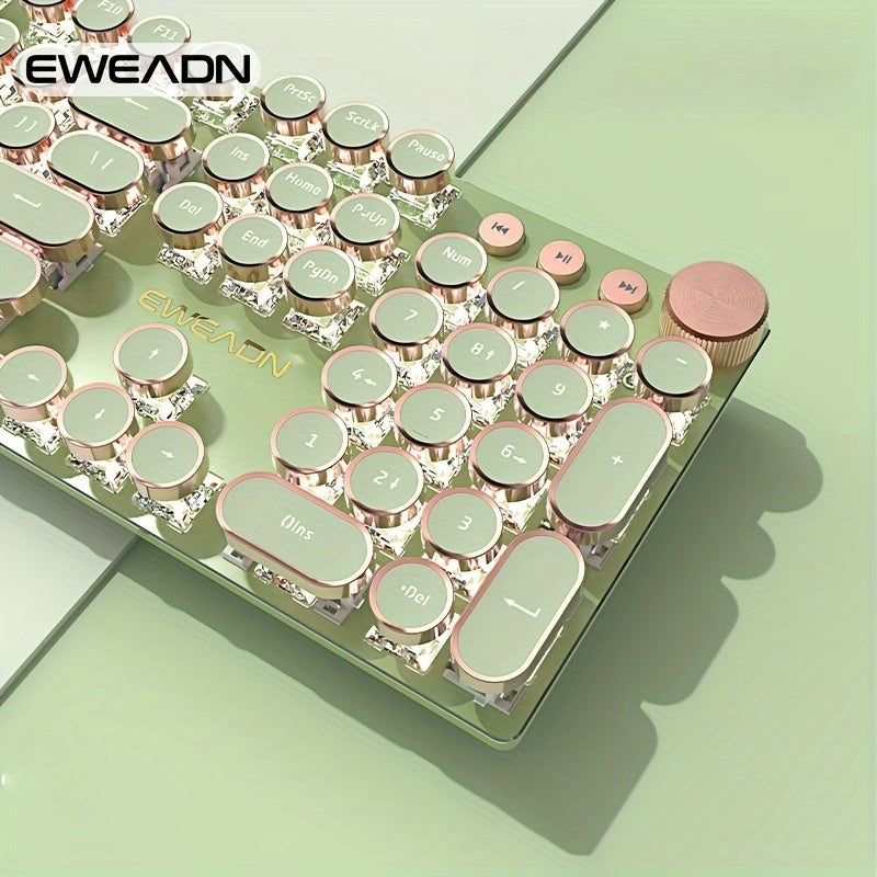 EWEADN Punk Typewriter Mechanical Gaming Keyboard, All-Metal Panel 104Keys Wired Retro Punk Round Keycaps with LED Backlit USB Wired Keyboards, Multimedia knob, Ergonomic Design for Game and Office, for Windows Laptop PC Green Peripherals