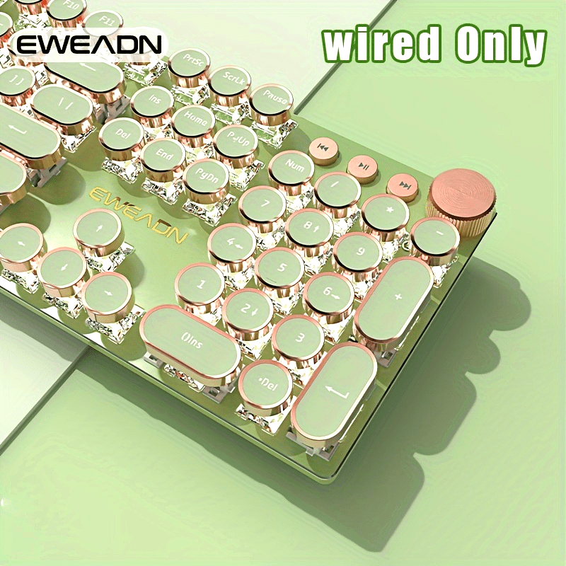 EWEADN Punk Typewriter Mechanical Gaming Keyboard, All-Metal Panel 104Keys Wired Retro Punk Round Keycaps with LED Backlit USB Wired Keyboards, Multimedia knob, Ergonomic Design for Game and Office, for Windows Laptop PC Green Peripherals