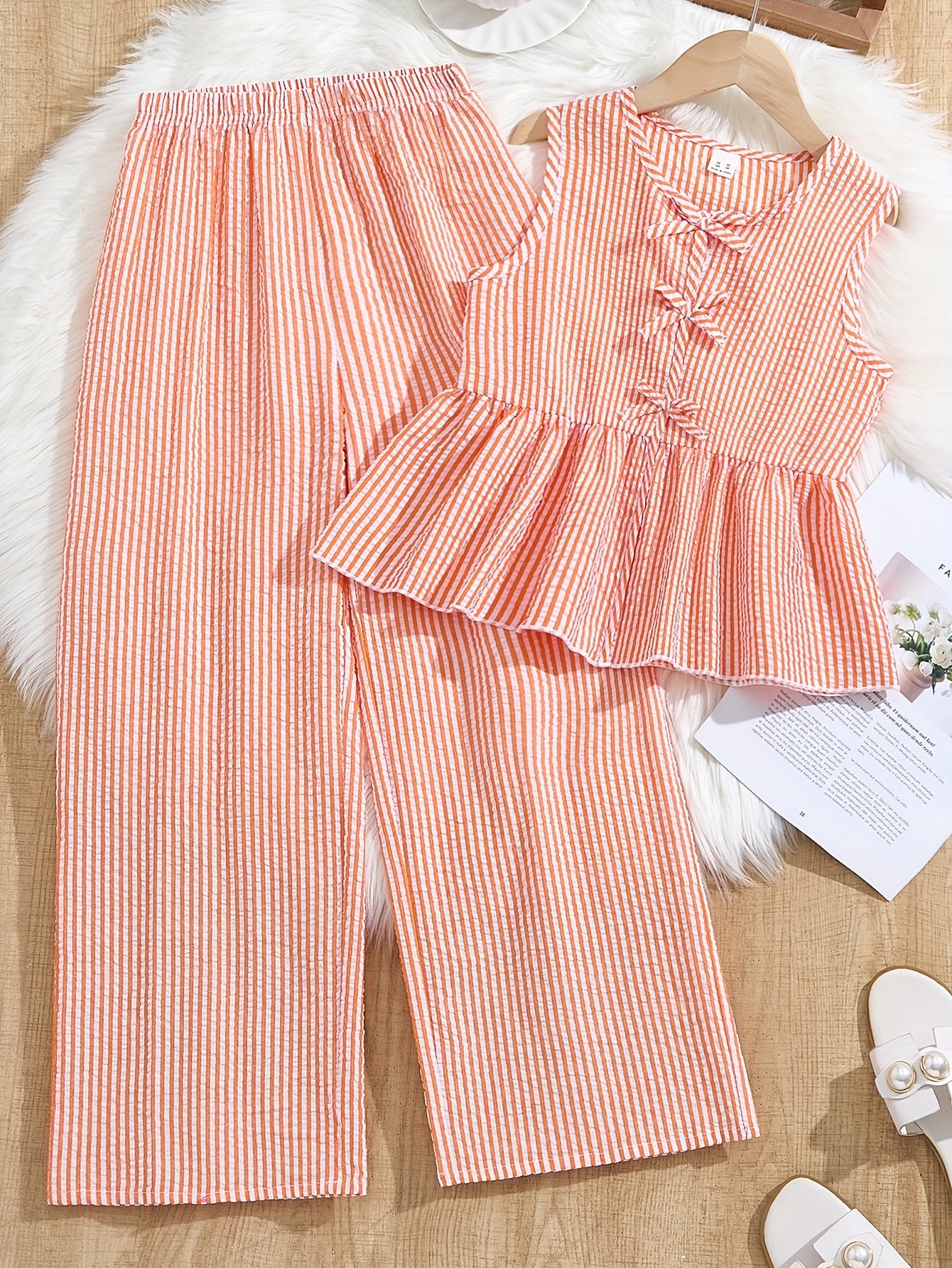 Girls' New Fashion Striped Ruffle Top + Casual Wide-Leg Pants Two-Piece Set, Perfect for Outdoor