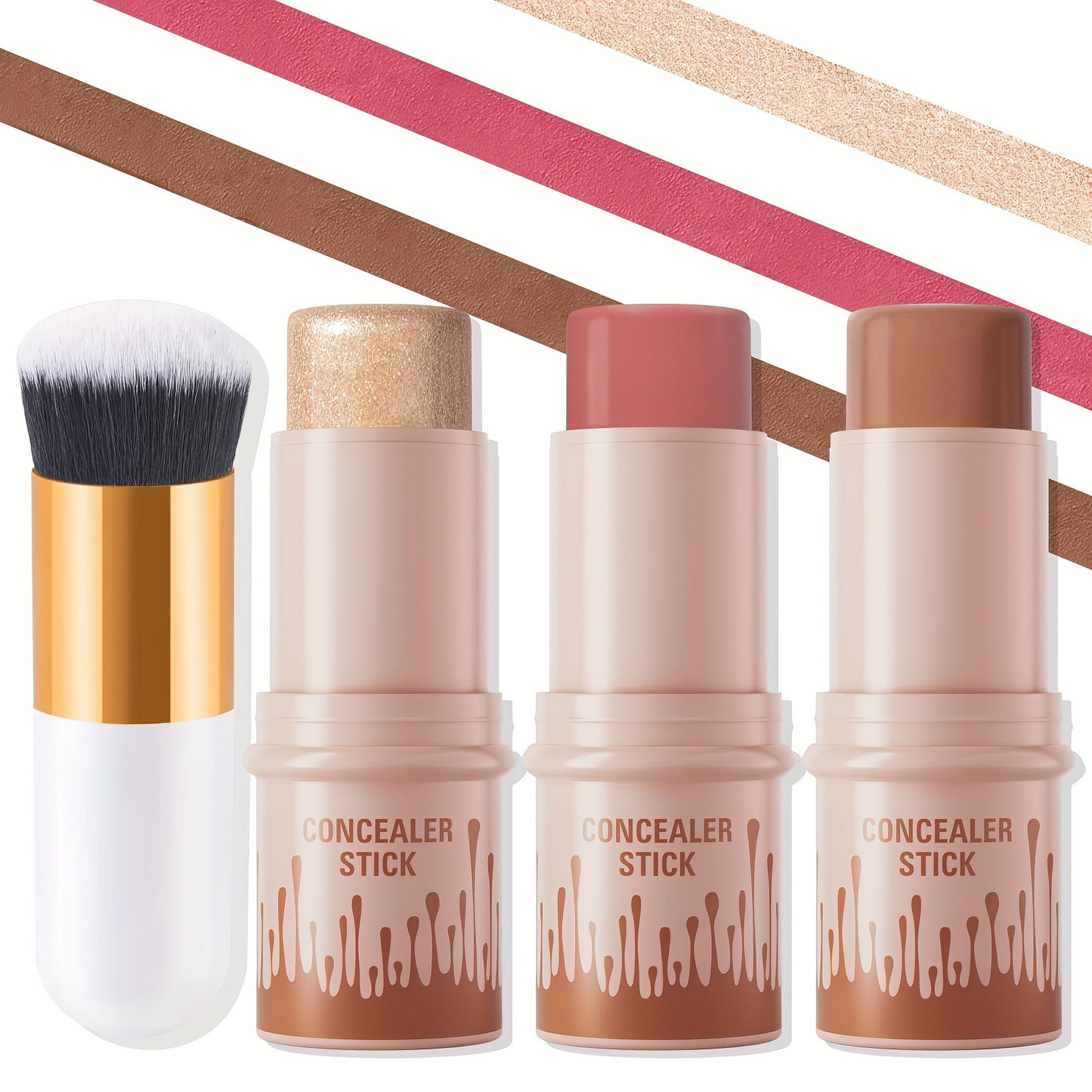 Contour Stick, Blush Stick, Highlighter Stick, Bronzer Stick, 3pcs Cream Contour Kit with Brush for a Flawless Look, Contour Stick Makeup Non-Greasy Waterproof, Long-lasting Fair-Medium Suitable gift giving for Halloween, Thanksgiving, and Christmas