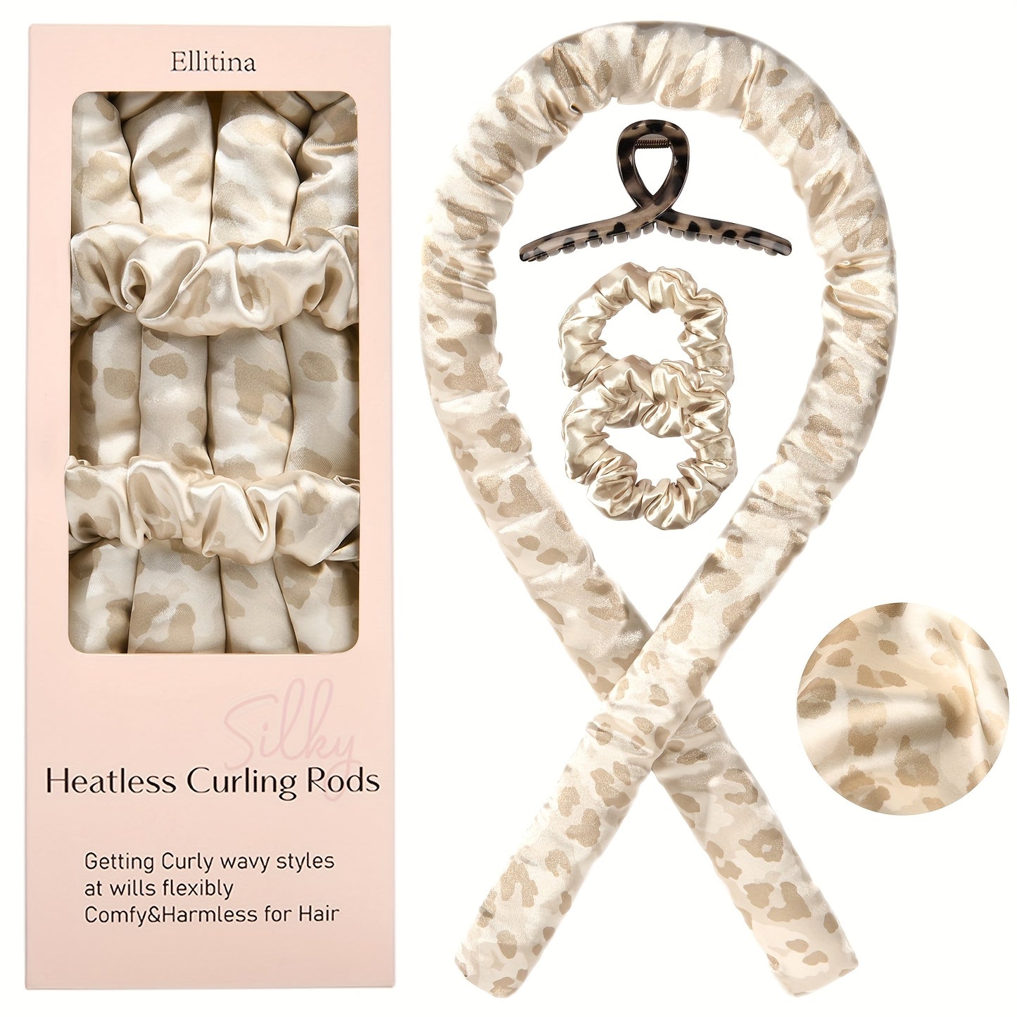 Ellitina 4pcs Spring-Summer Heatless Curling Set - No-Heat Overnight Waves & Satin Travel Kit | Sleep-Soft Adjustable Rod & Headbands (Leopard/Hearts) | DIY Vacation Curls Anywhere | Luxury Mother's Day gift