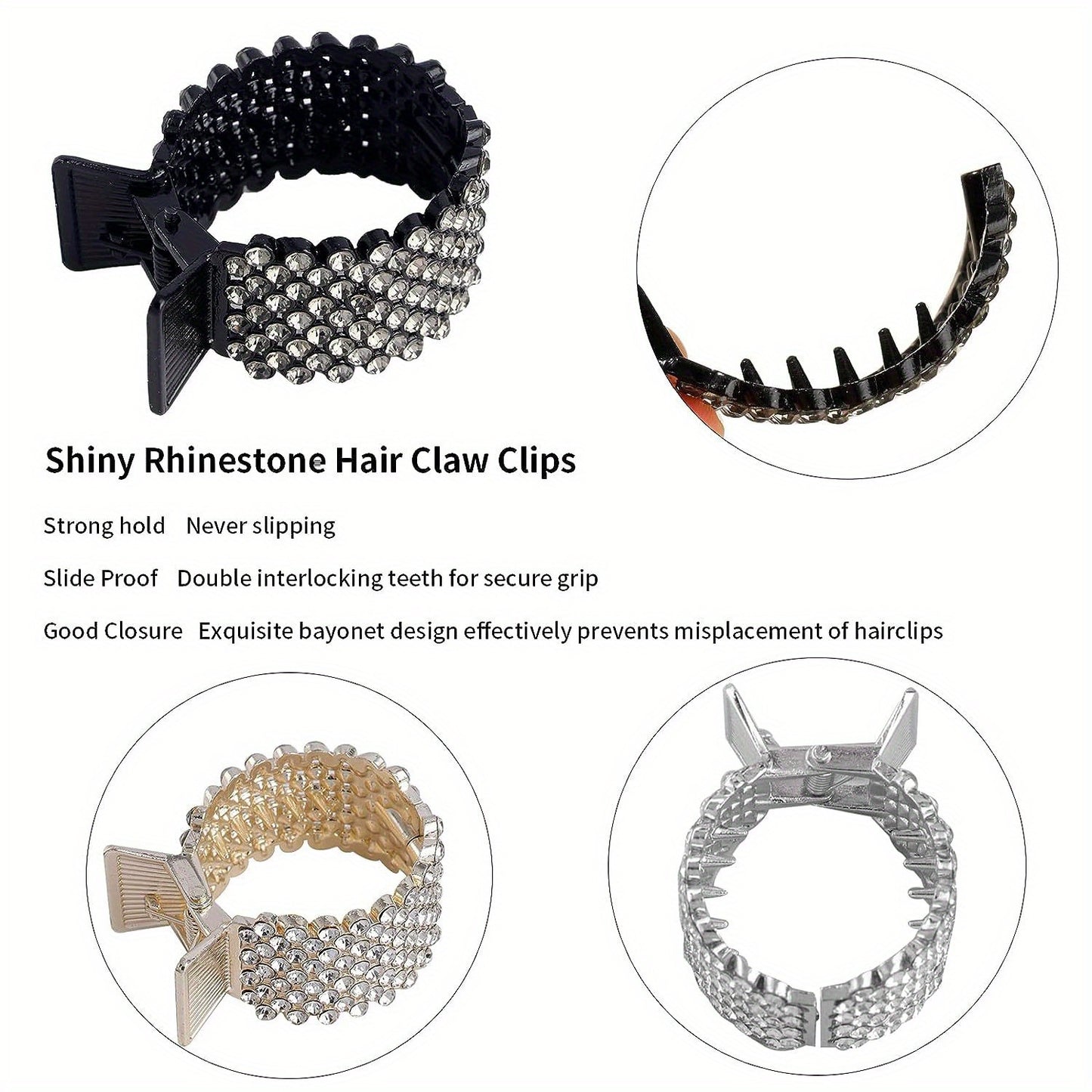 1.77Inch Small Hair Claw Clips For High Ponytail, Rhinestone Shark Hair Clips For Women Thick Long Hair(Pack Of 3)