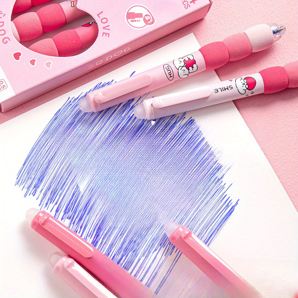 4pcs Erasable Gel Ink Pens, Cartoon Cute Gel Pens, Aesthetic Retractable Pens Soft Grip Pen, 0.5mm Blue Ink Pen Fine Point Pens, Kawaii Stationery Pens Office School Pens Supplies for Girls