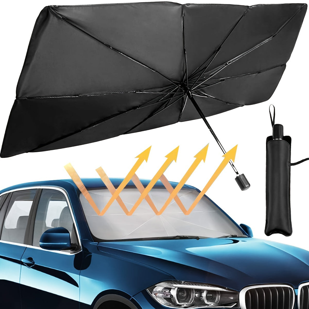 Portable Foldable Windshield Sun Visor for Most Vehicles - UV Protection Car Sunshade Umbrella with Heat Reduction, Easy Storage, and Thermal Insulation Effect